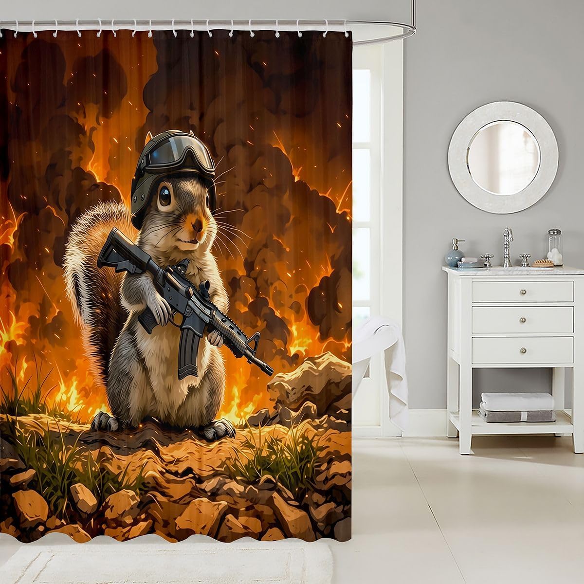 Feelyou Squirrel Shower Curtains Gun Bathroom Curtain for Kids Women Men Funny Bathroom Accessories Fire Waterproof Polyester Fabric Orange Black for Stalls Bathtubs 72"x84" image 2