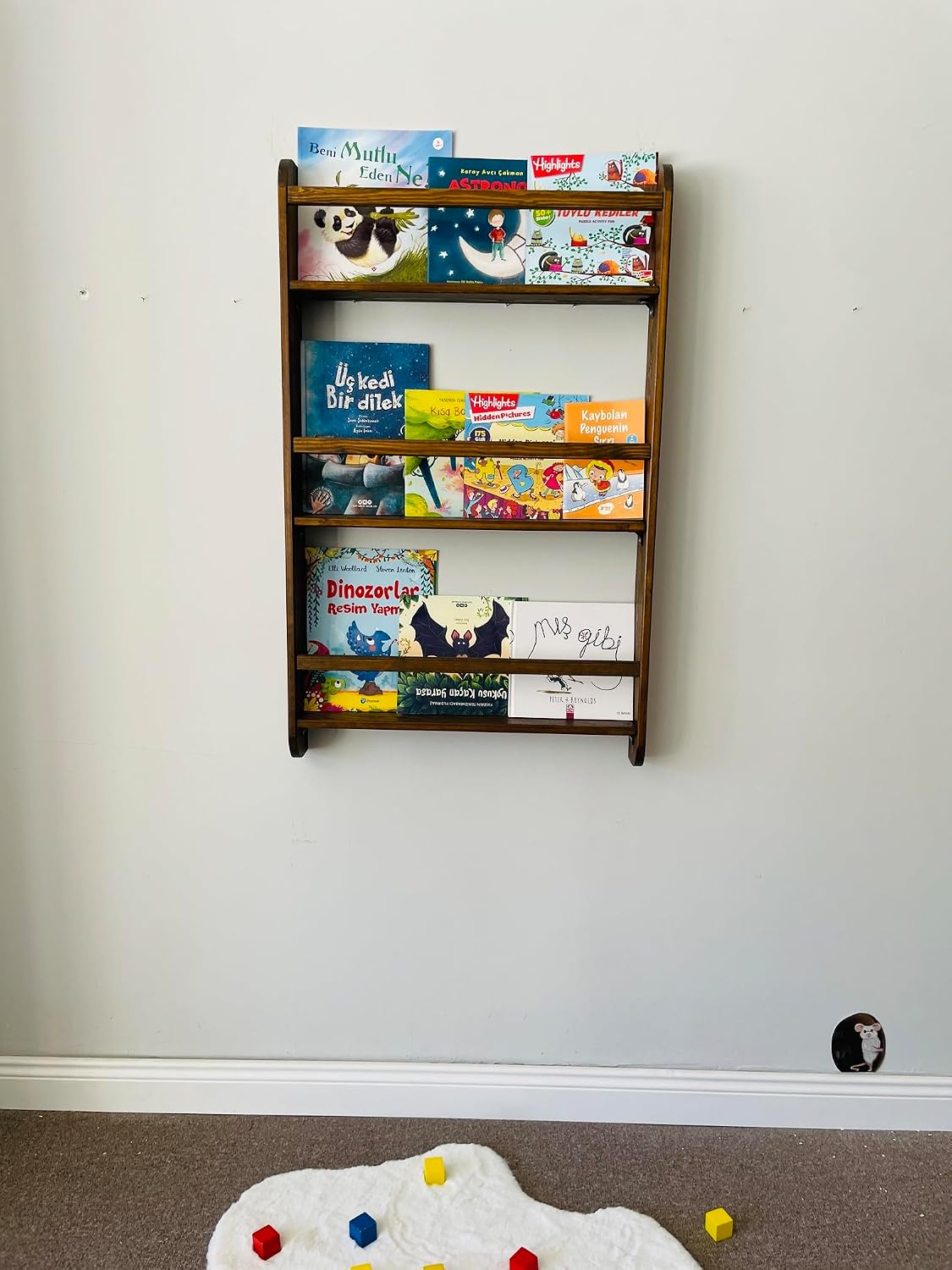 Natural Wood Handmade Walnut Color Kids Wall Mounted Montessori Bookshelf for Nursery, Bedroom (3 Tier, 36" Hx18 W)