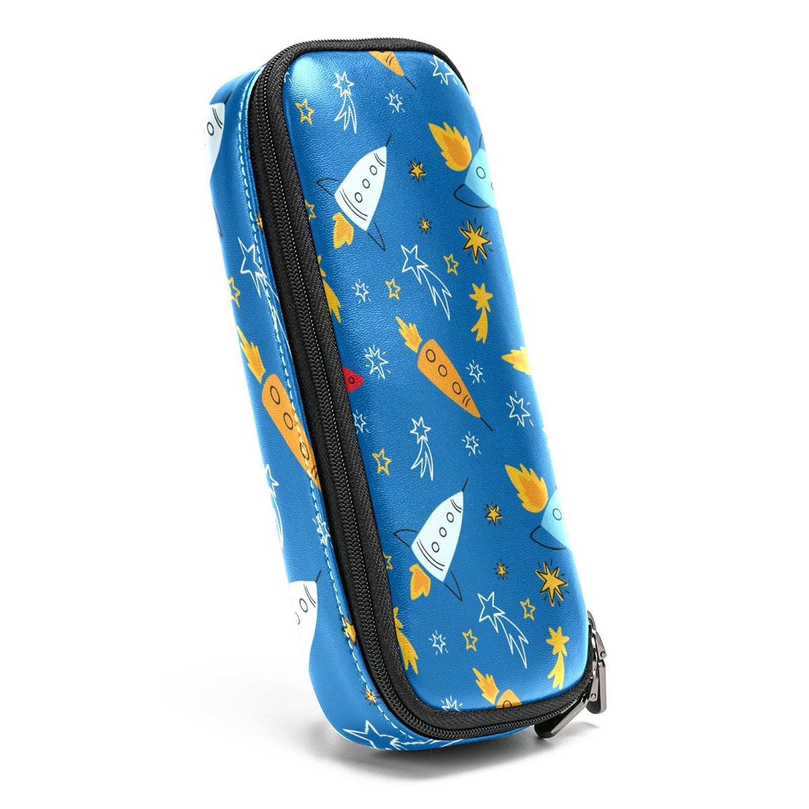 Astuccio disegnato a mano in pelle blu con motivo a stella di razzo, con doppia cerniera, borsa per cancelleria per scuola, lavoro, ufficio, ragazzi e ragazze