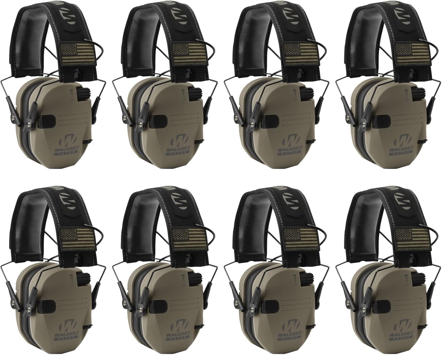 Walker's Razor Slim Ultra Low Profile Compact Design Adjustable Range Shooting Hunting Hearing Protection Electronic Earmuffs (FDE Patriot Version) 8-Pack