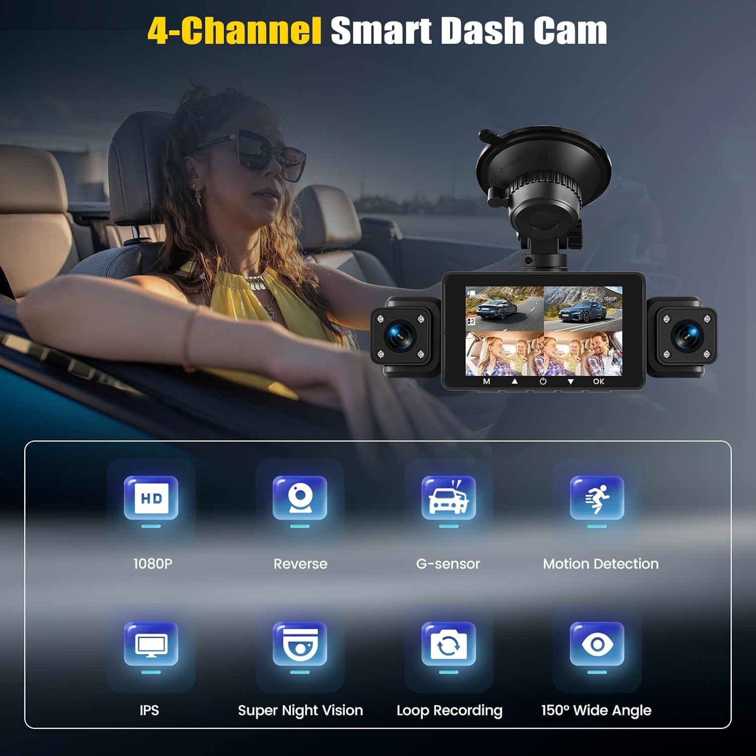 360° 4 Channel 1080P Dash Cam Front and Rear Inside,3” Dash Camera for Cars Car Camera with WiFi,APP Control,IR Night Vision,Loop Recording,G-Sensor,Parking Assistance,24H Parking Monitor+64G SD