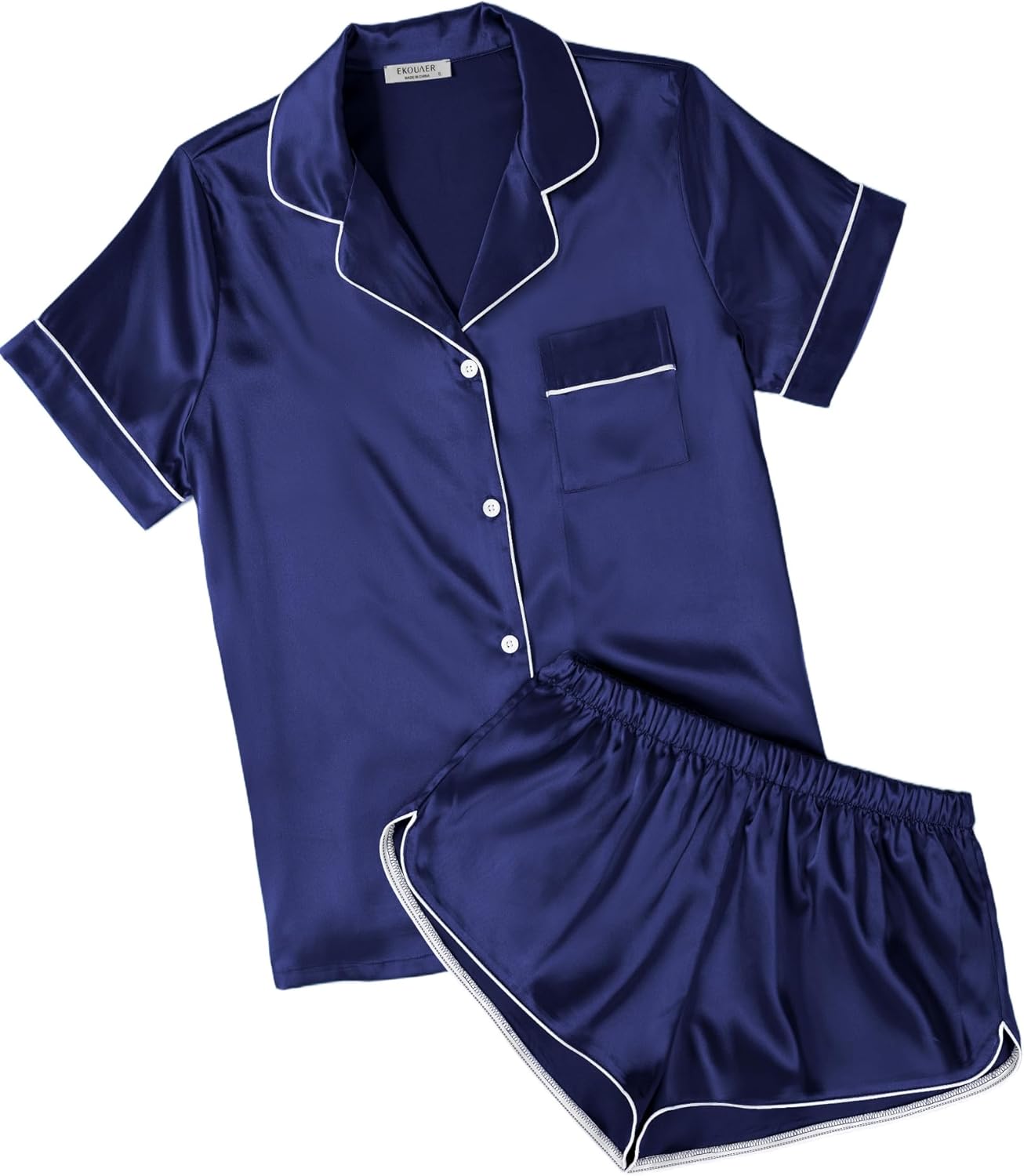 Ekouaer Womens Silk Satin Pajamas Short Sleeve Sleepwear Soft Button Down Lounge Set 2 Piece PJS Shorts Set Navy Blue XX-Large