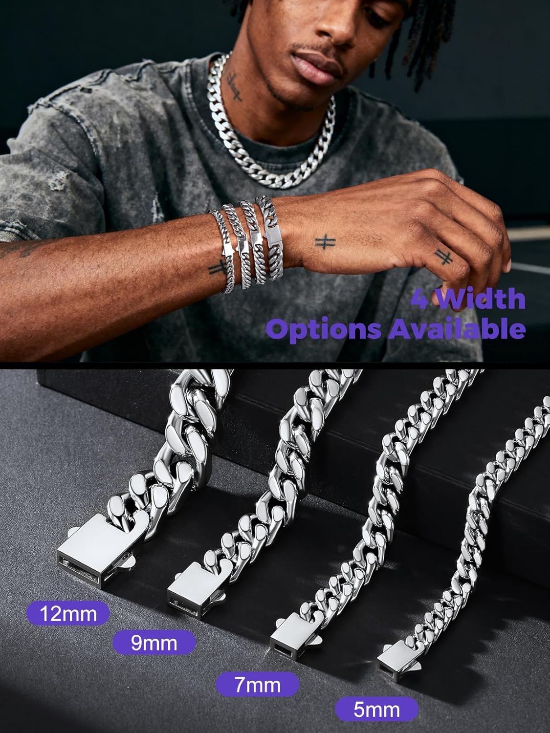 Richsteel 5/7/9/12mm Wide Miami Cuban Link Chain Bracelet for Men Women,Stainless Steel/Gold/Black Plated,7.4/8.2/9 Inch Length,Hip Hop Urban Street-wear Jewelry(Gift Wrapped) - Image 4