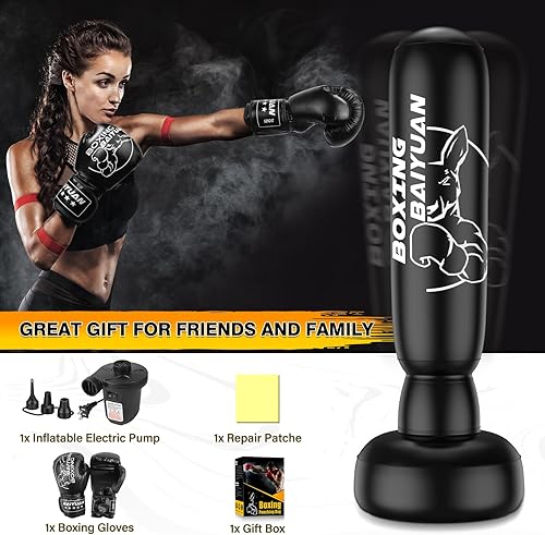 Miniatura 7 de Saco de boxeo pesado de 71 pulgadas para adultos y adolescentes, saco de boxeo grueso independiente con guantes de boxeo y bomba automática, bolsa