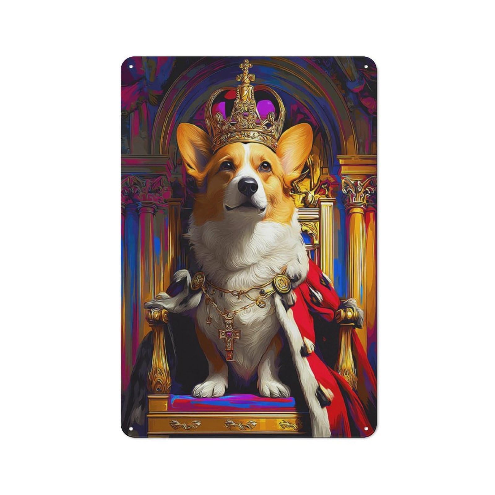 Junmoney Corgi King Throne Majesty -2 Retro Metal Plaque 30X20cm For Lounge Or Reading Corner, Suited To Lounge Decor Fans