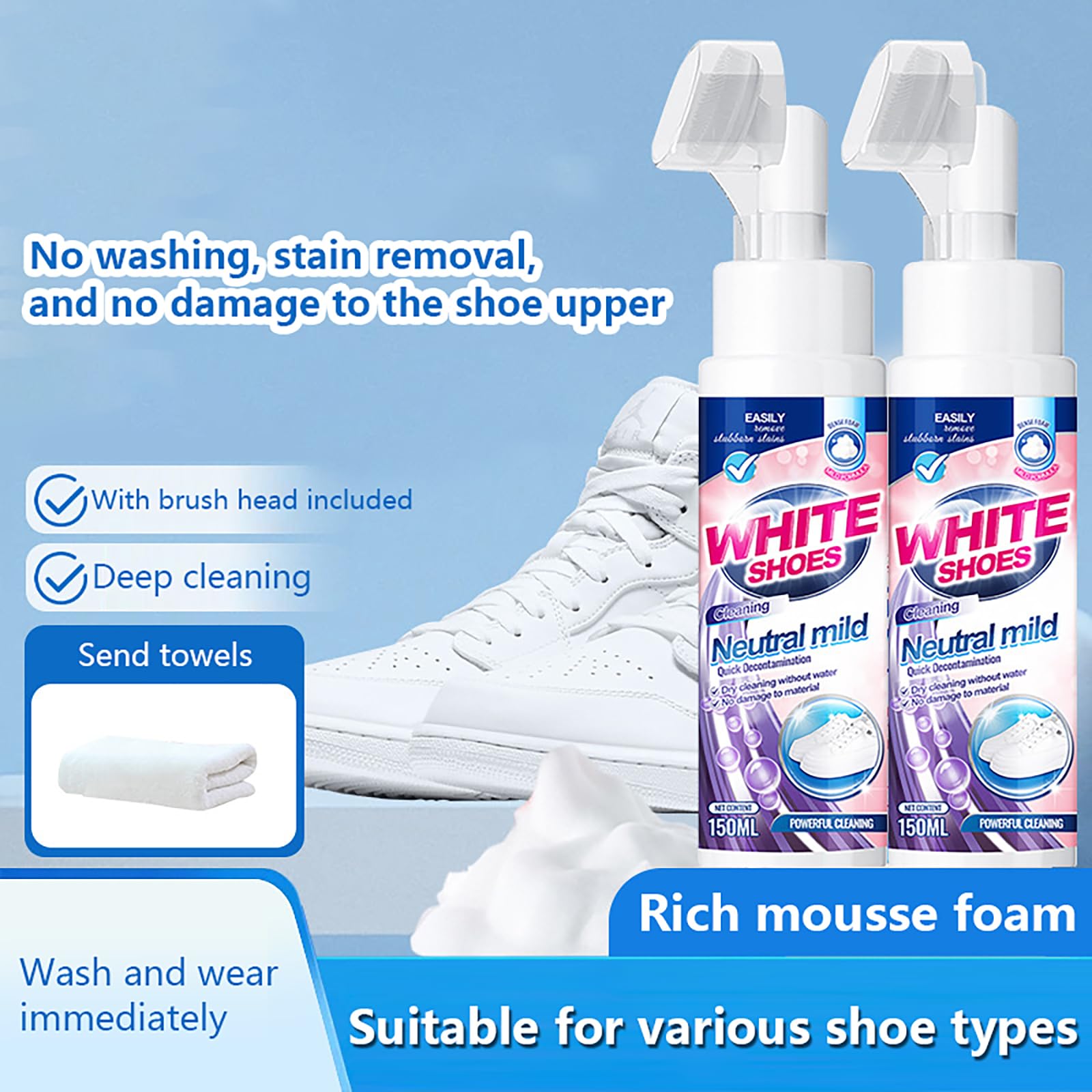 150ml Sneaker Reiniger - Reinigungs Aufhellschaum Für Schuhe, Sofort hellweiße Schuhe, Neu Multifunctional Foam No-Rinse Cleaner für Sneaker Canvas Leder Wanderstiefel(6 Stück)