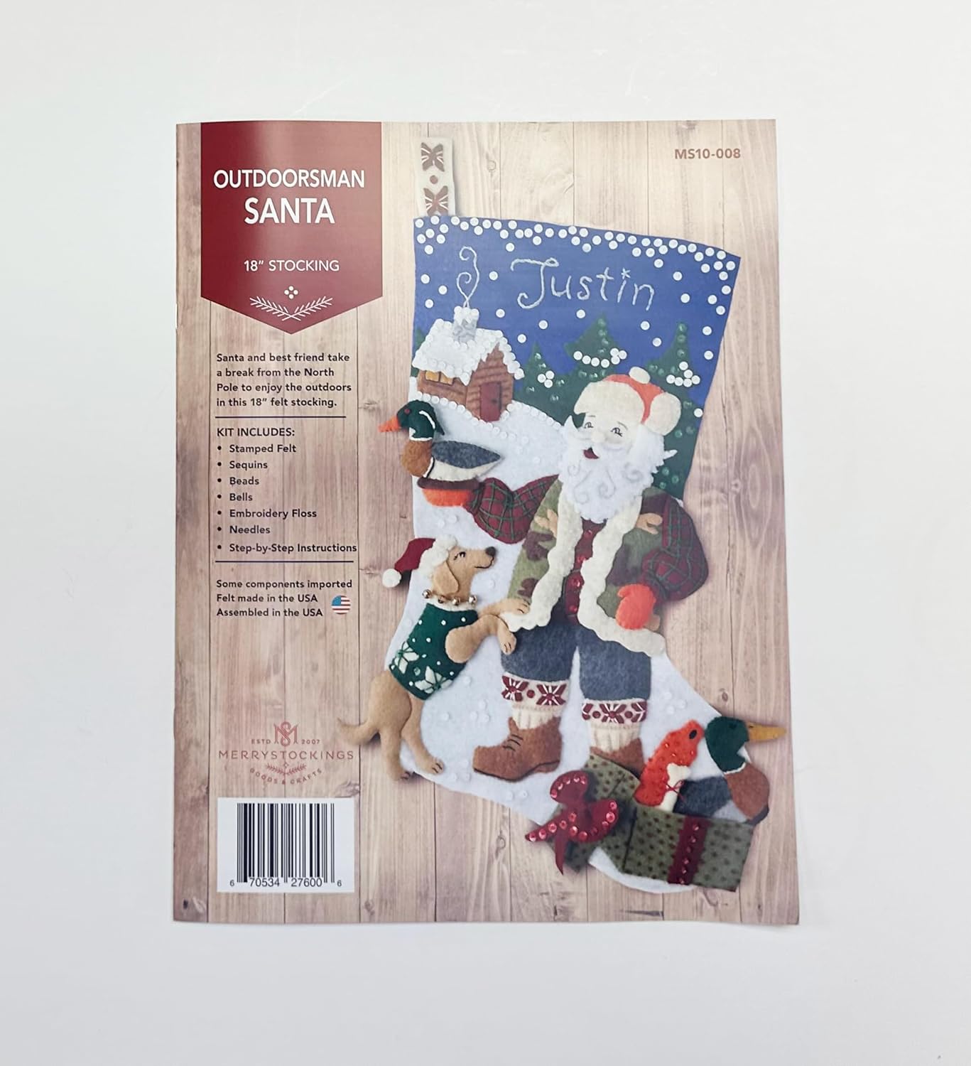 MerryStockings Outdoorsman Santa Felt Christmas Stocking Kit – 18" DIY Holiday Sewing Kit with Camo & Blaze Orange – Embroidery Craft Kit with Beads, Sequins & Instructions – Made in USA