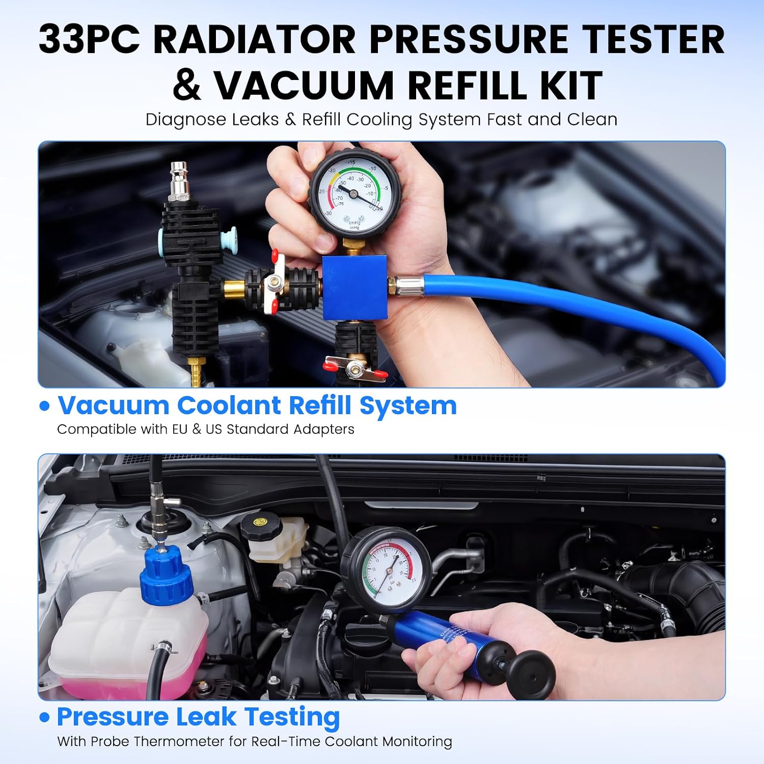 33PCS Radiator Pressure Tester Kit with Vacuum Refill Tool, Universal Cooling System Pressure Test Kit with Colored Caps, Leak Detection & Coolant Refill Set for Cars, Trucks & SUVs