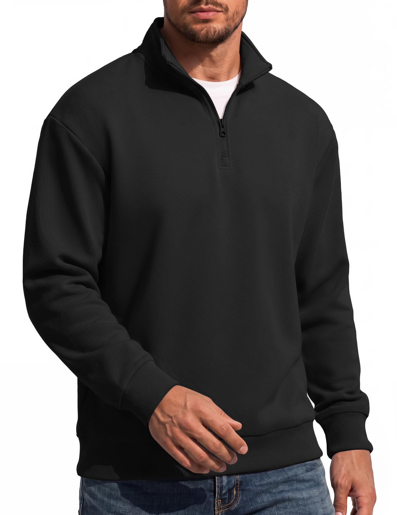 COOFANDY Mens Quarter Zip Pullover Fleece Sweatshirt Casual Quilt Sweater | Fleece Lined, 1/4 Zip, Drop Shoulder, Relaxed Fit, Ribbed Cuffs and Hem, Long Sleeve, Business Casual, Fall Winter Fashion