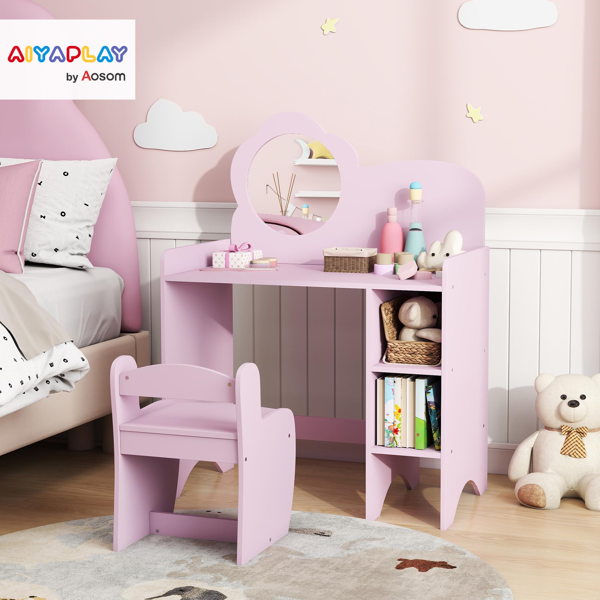 AIYAPLAY Tocador de Maquillaje Niña, 2 en 1, Escritorio, Tocador Infantil con Taburete, Espejo en Forma de Flor, Estantes Abiertos, para Niños +3 Años, Morado
