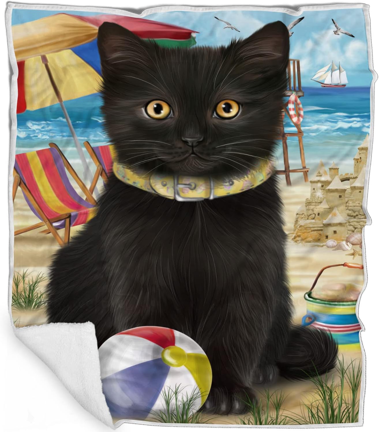 Pet Friendly Beach Black Cat Blanket - Lightweight Super Soft Cozy and Durable Bed Blanket - Animal Theme Fuzzy Blanket for Sofa Bed Couch BLNKT55636 (30x40 Fleece)