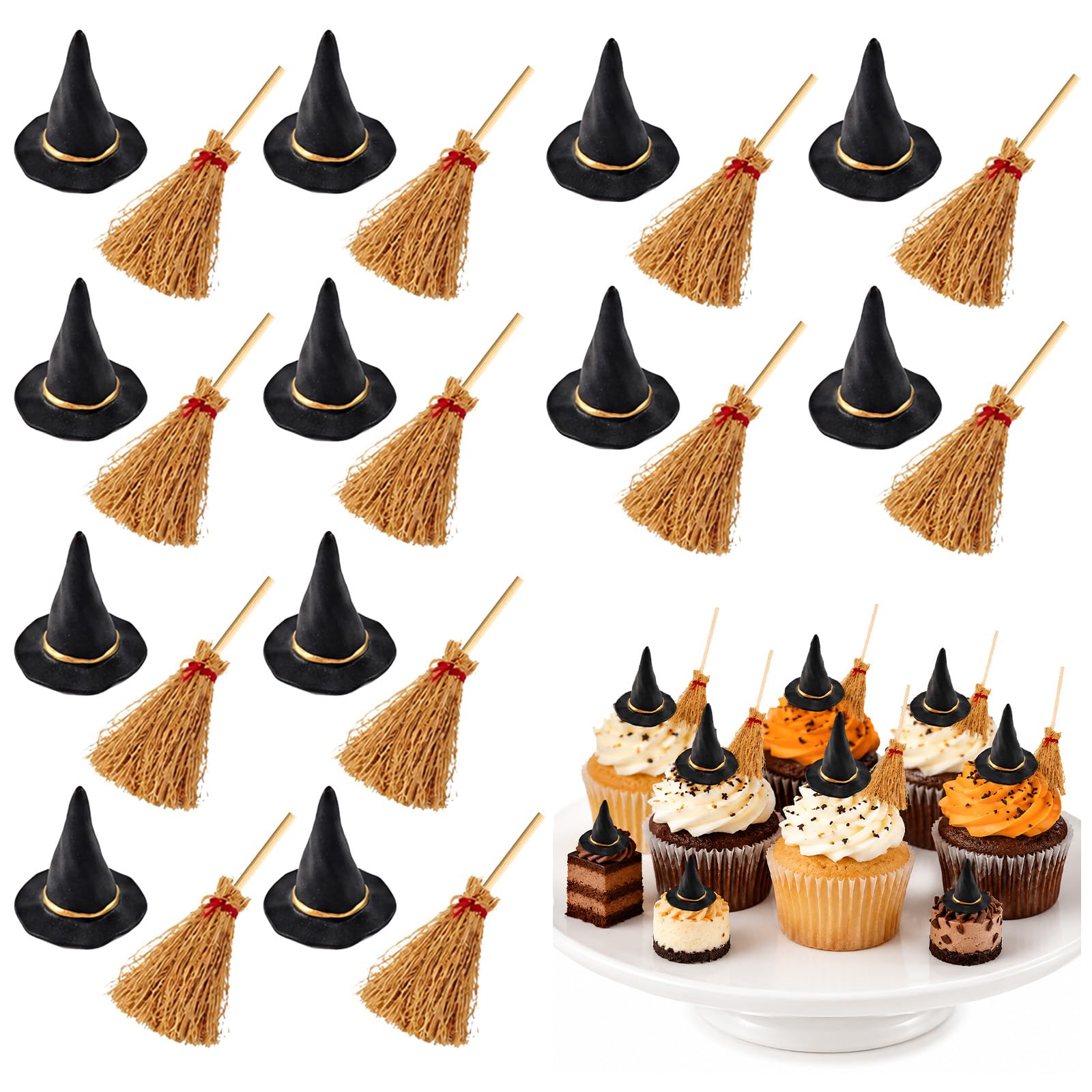 24PCS Halloween Cupcake Toppers Witch Hat Broom Wizard Theme Party Supplies