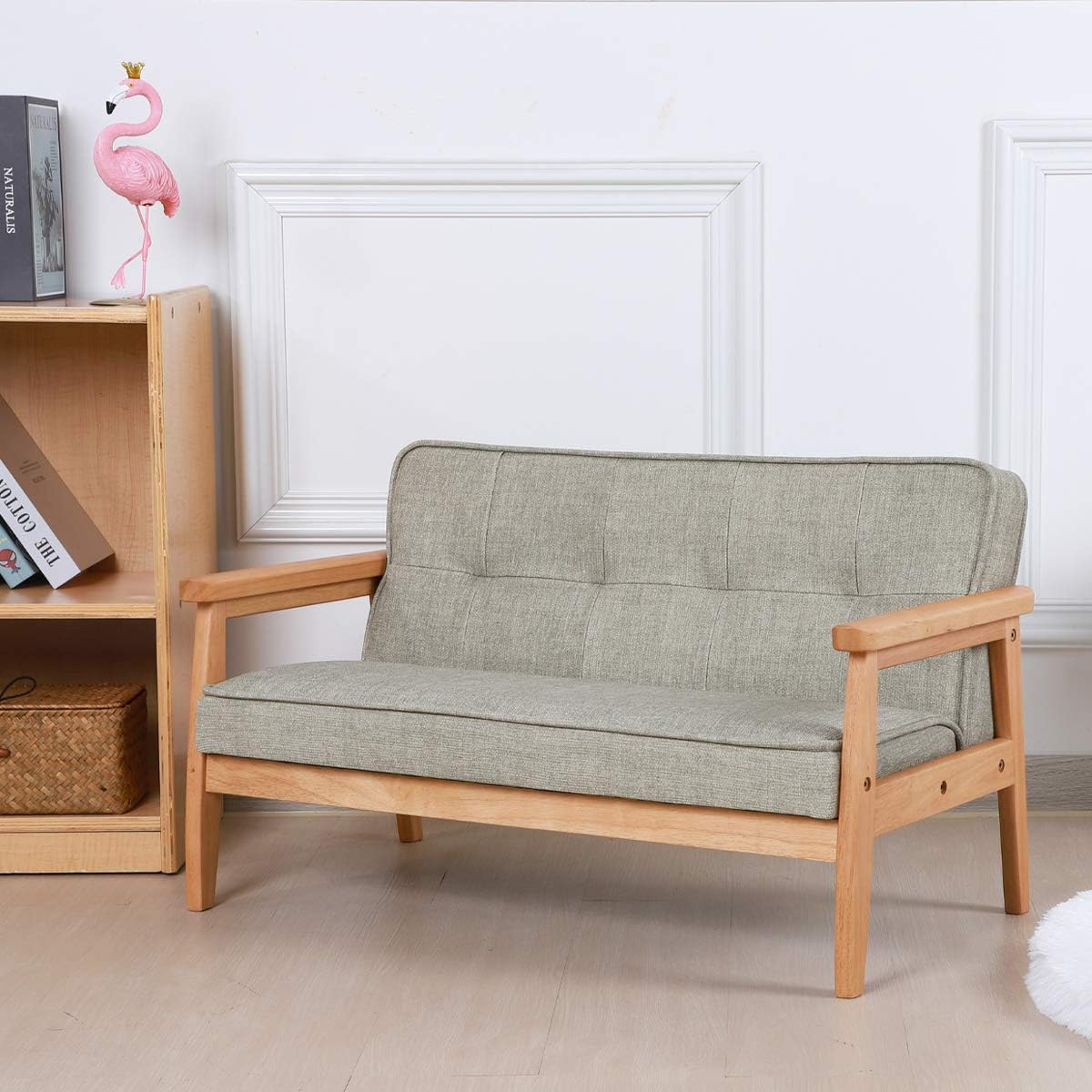 Double Seater Kid Sofa Chair, Kid Couch with Solid Wood Arm and Linen Pattern PVC for Kids Rest (Light Grey)