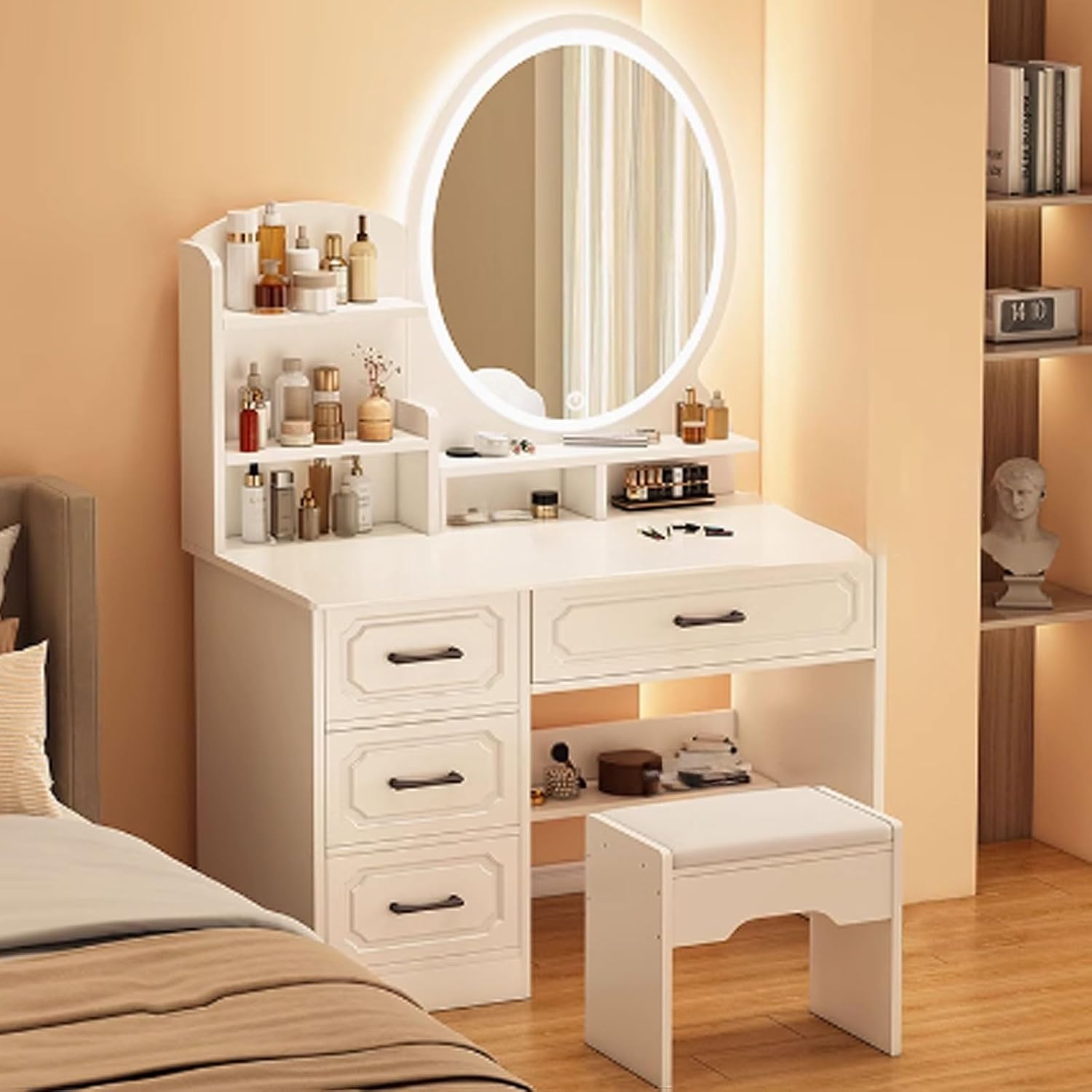 Vanity Desk with Mirror, Small Vanity Table, Makeup Vanity Desk, Make up Vanity with Chair White Engineered Wood for Bedroom, Makeup Room(LED Round Mirror,Square Stool)
