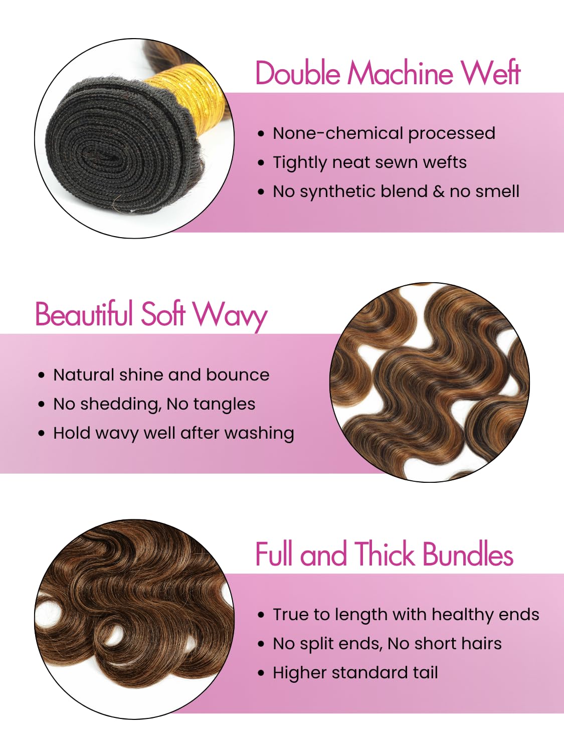 FB30 Brown Highlight Bundles with Closure Human Hair 16 18 20+16 Inch, Ombre Body Wave 3 Bundles with 4x4 HD Transparent Lace Closure 12A Unprocessed Soft Remy Hair Balayage Hondy Blonde Color