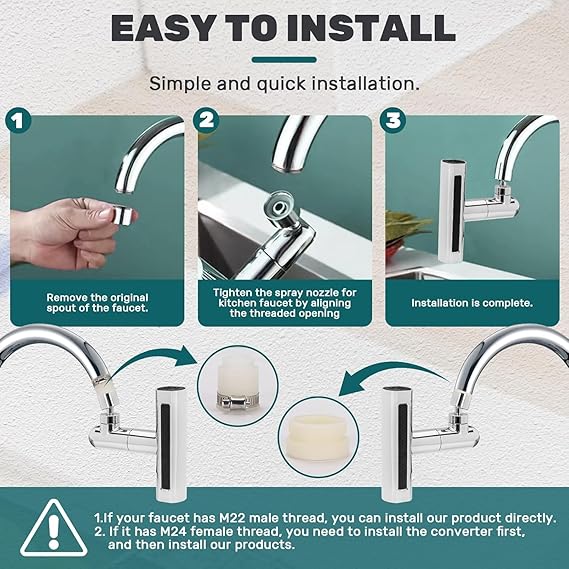 Universal Faucet Aerator with 4 Adjustable Spray Modes | 360° Swivel Water Saving Tap Extender | Easy Install Splash-Proof Kitchen Sink Filter Attachment