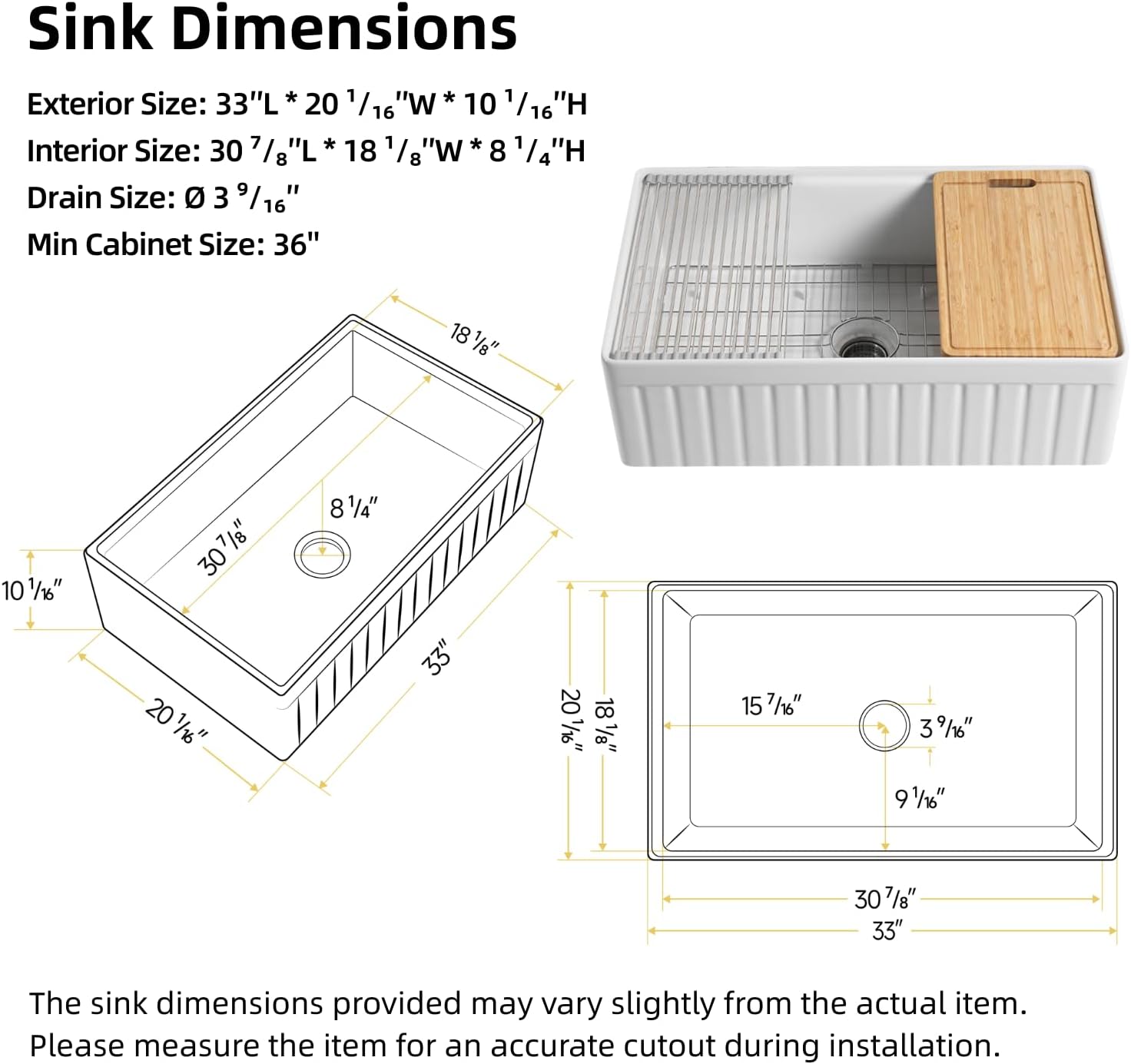 Farmhouse Sink 33 Inch, Los Flexi 33"W x 20"D Farm Workstation Sink, Fireclay Kitchen Sink White with Drying Rack, Cutting Board and Drain Strainer, Reversible Installation