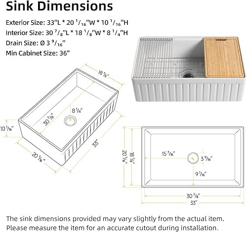 Miniatura 7 de Fregadero estilo granja de 33 pulgadas de ancho x 20 pulgadas de profundidad, fregadero de cocina de arcilla refractaria blanco con estante de