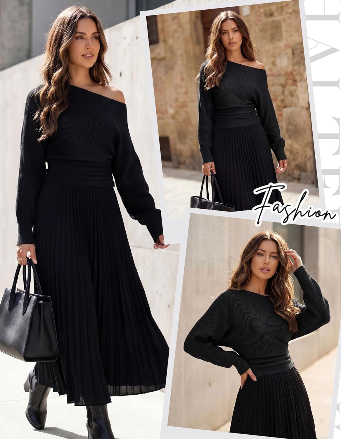 Women Off Shoulder Sweater Bat Wing Sleeve Ribbed Knit Pullover Cinched Waist Boat Neck Winter Going Out Jumper Top - Image 5