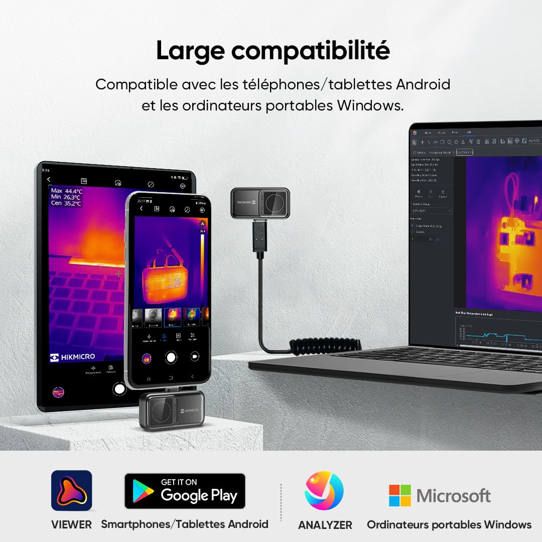 HIKMICRO Mini2 Caméra thermique Android, résolution IR 256 x 192, caméra thermique, fréquence de rafraîchissement 25Hz, angle de vue 50°, 49 152 pixels, -20°C à 350°C, USB-C(pas pour iphone).