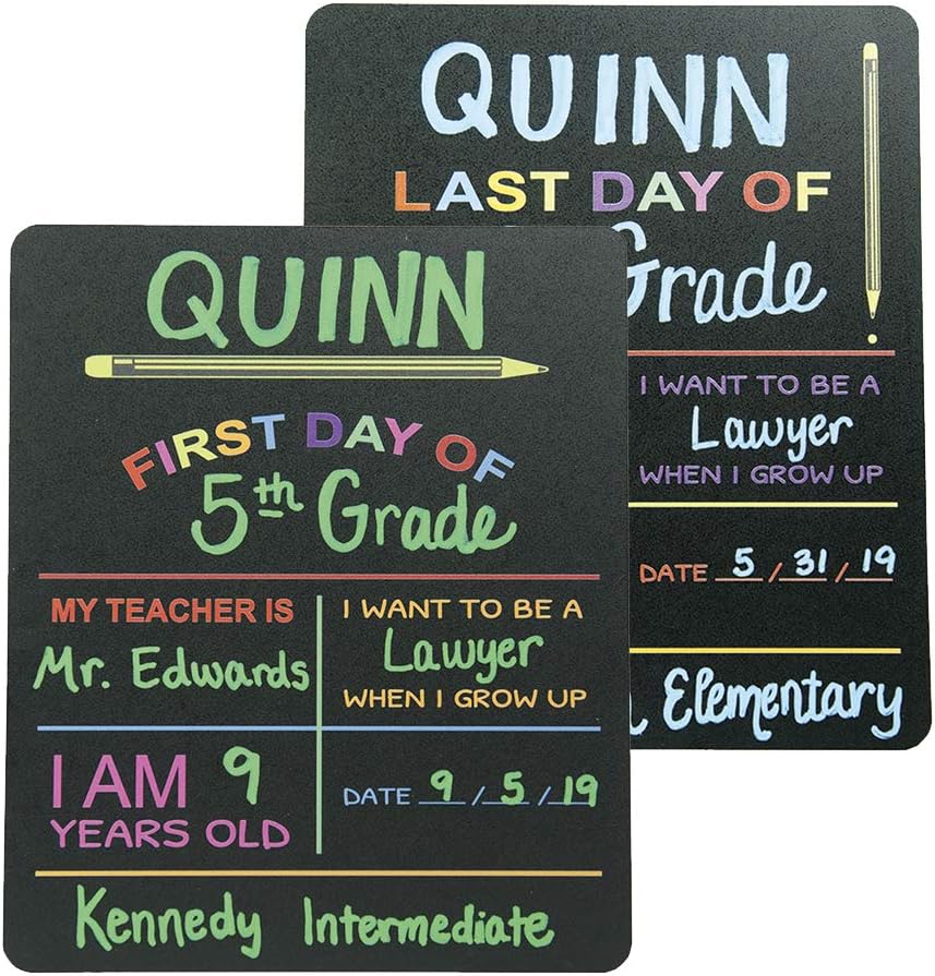 Reusable My First Day and Last of School Set Milestone Chalkboard Sign. Photo Prop Board for Kids, Black w/Color Print - 12” x 10” Rectangle