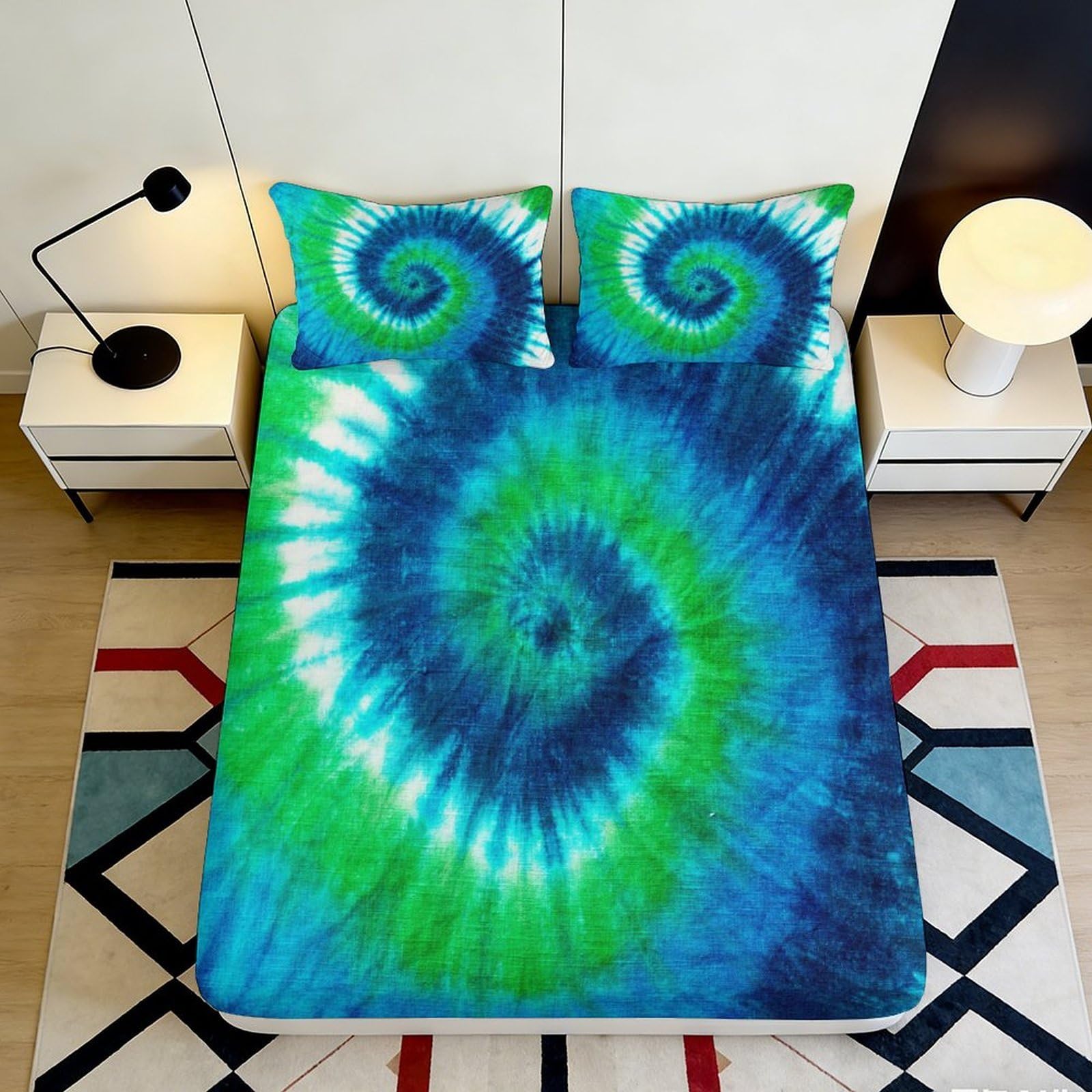 3D Printed Spiral Tie Dye Fitted Sheet Microfiber Soft Anti-Slip Swirl Bed Cover for Bedroom Dorm Mattress Decor 120x200x25cm