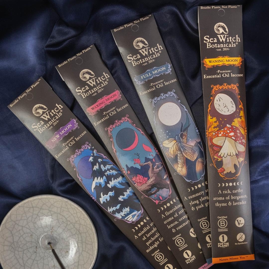 Sea Witch Botanicals Moon Phase Incense Collection | All-Natural Essential Oil Blends | 4 Boxes of 20 Incense Sticks | Non-Toxic | Ritual and Relaxation