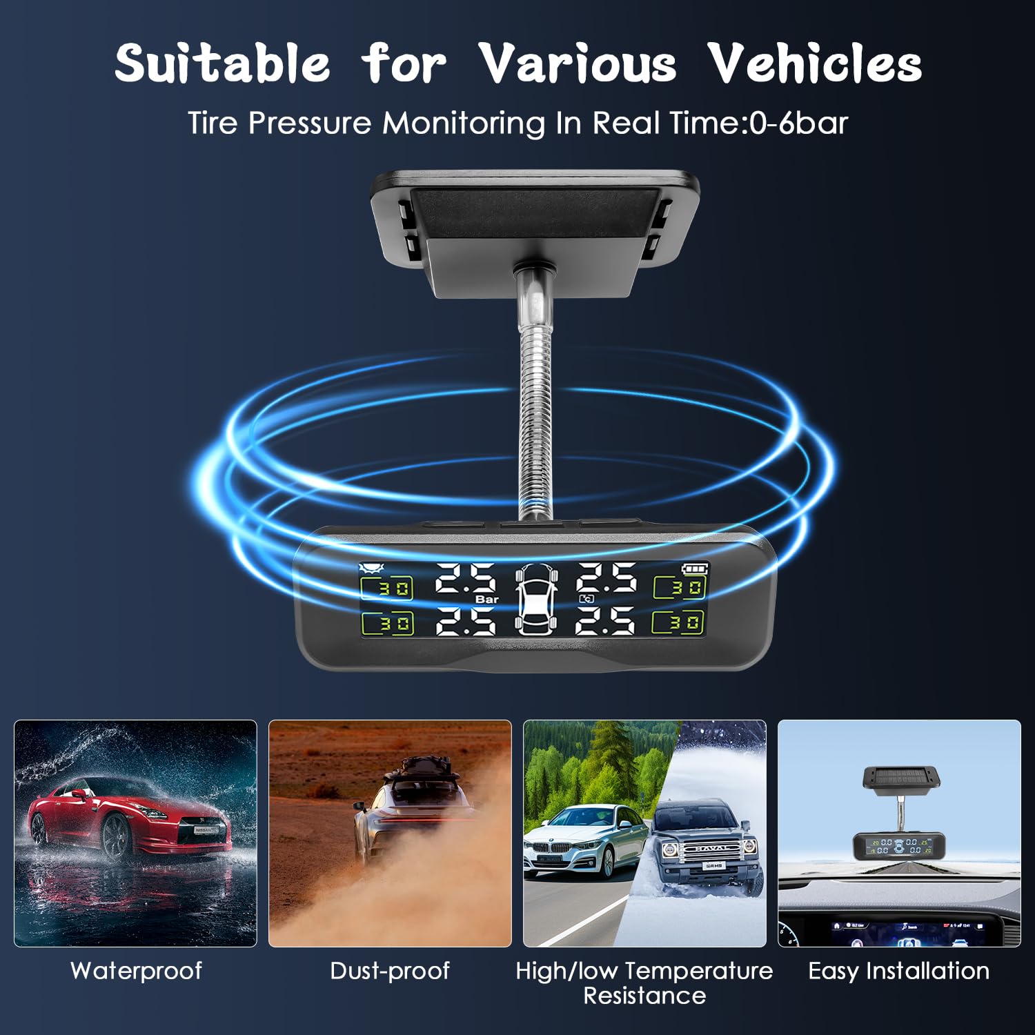 Tire Pressure Monitoring System, Upgrade Wireless Solar TPMS with Colorful Display - Easy to Install on Windshield with 4 External Sensors Real-Time Alerts, Ideal for RV Sedan SUV MPV and Truck