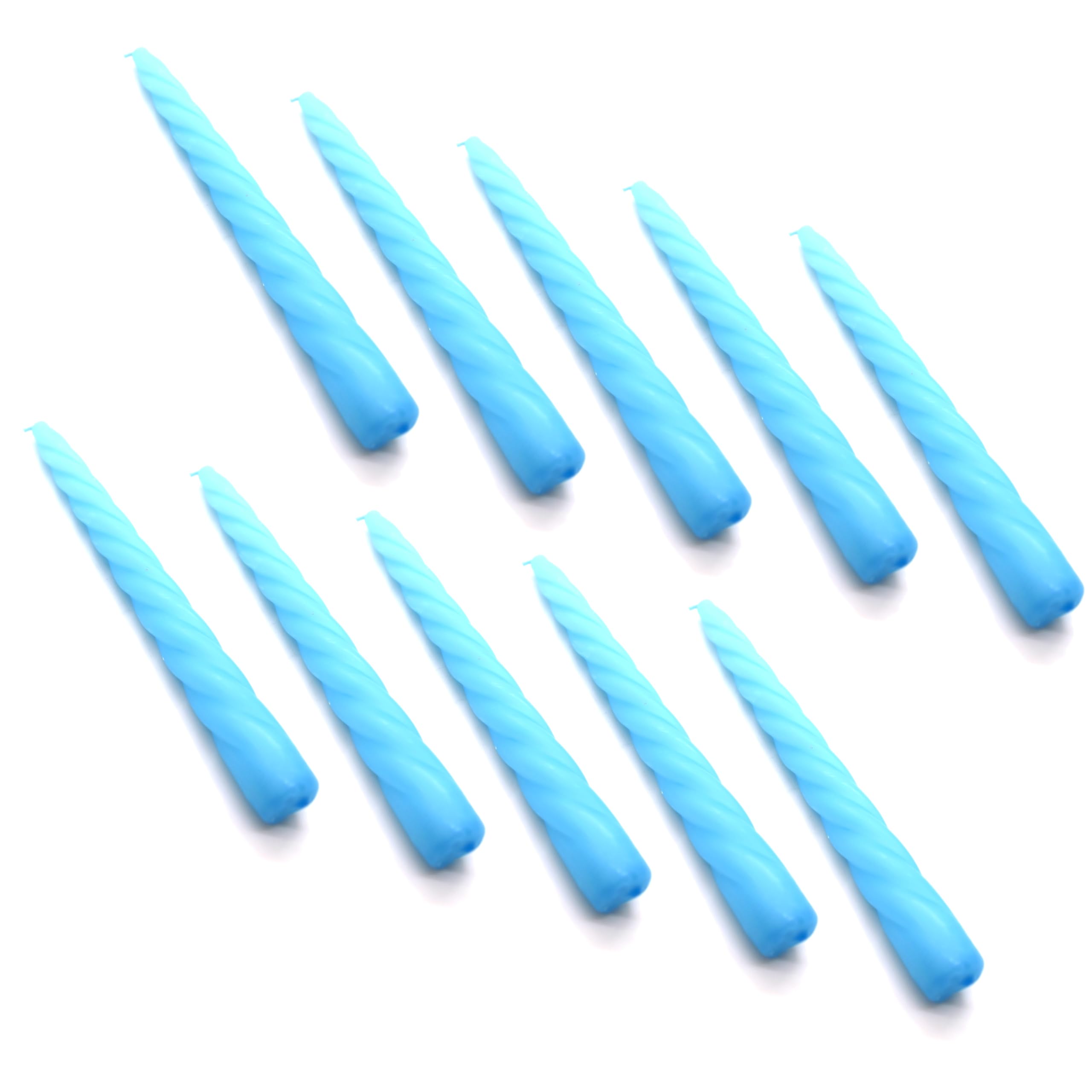 Tapered Dinner Candles, Table Spiral Candles, Pack of 10, Decorative Household Candles, Unscented, Natural Vegan Wax, Clean Burn, 7 Hours Burning Time, 23 cm / 9" Long (Blue)