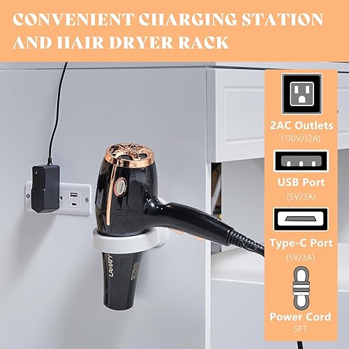 Miniatura 5 de AMERLIFE Juego de mesa de maquillaje con espejo doble deslizante y luces LED, tocador grande de 45 pulgadas con estación de carga, 4 cajones y