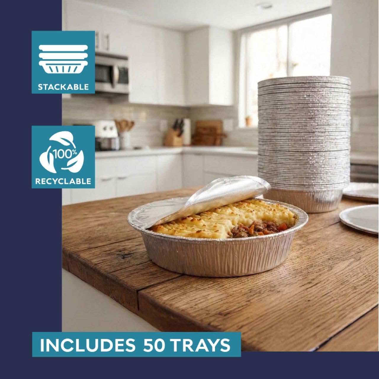 The Name 7" Round 50 Pack Aluminum Foil Pans Disposable Pie Tins, Mini Pans, Tart Baking Trays, Oven/Freezer Safe, Perfect for Apple Pie, Pumpkin Pie, Quiche, Pot Pie, Cobbler, Catering & Food Service