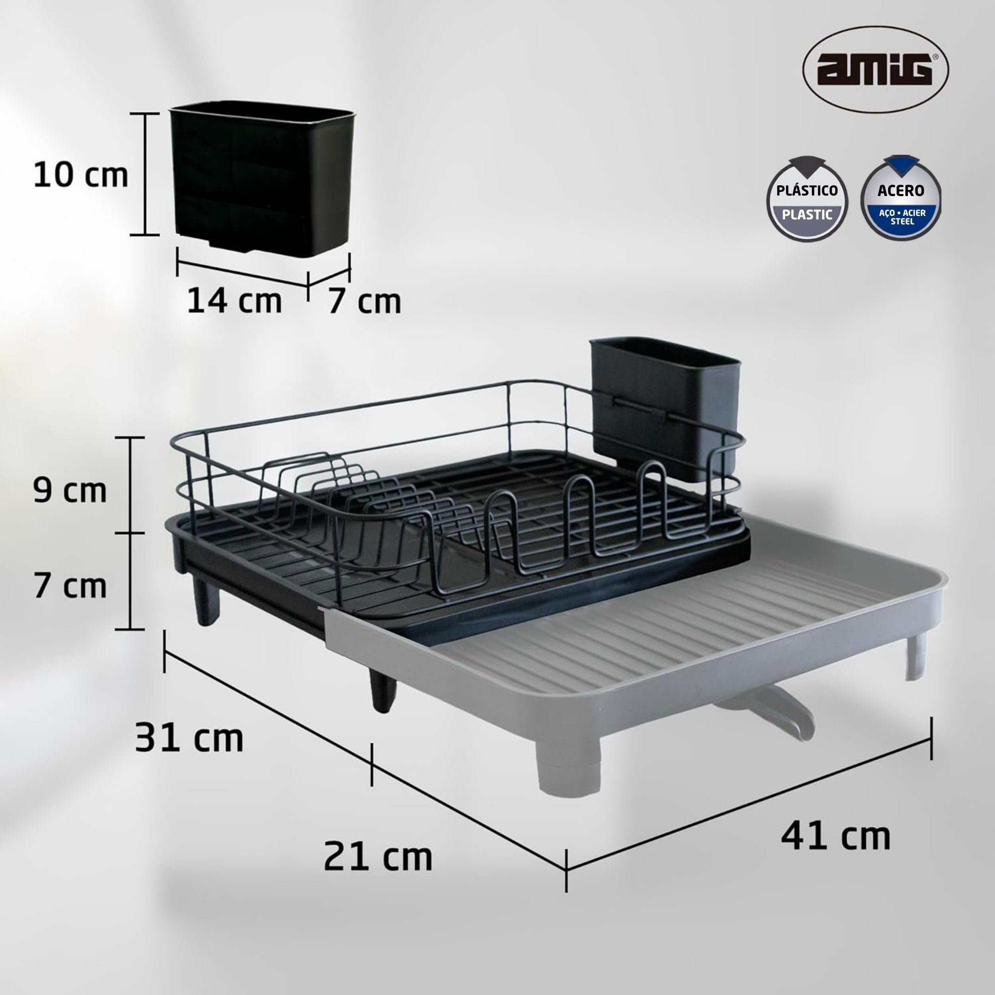 Amig Escurreplatos Extensible con Desagüe Negro Vika | Patas antideslizantes. Bandeja de goteo. Extensible de 31 a 52 cm. Acero y polipropileno.