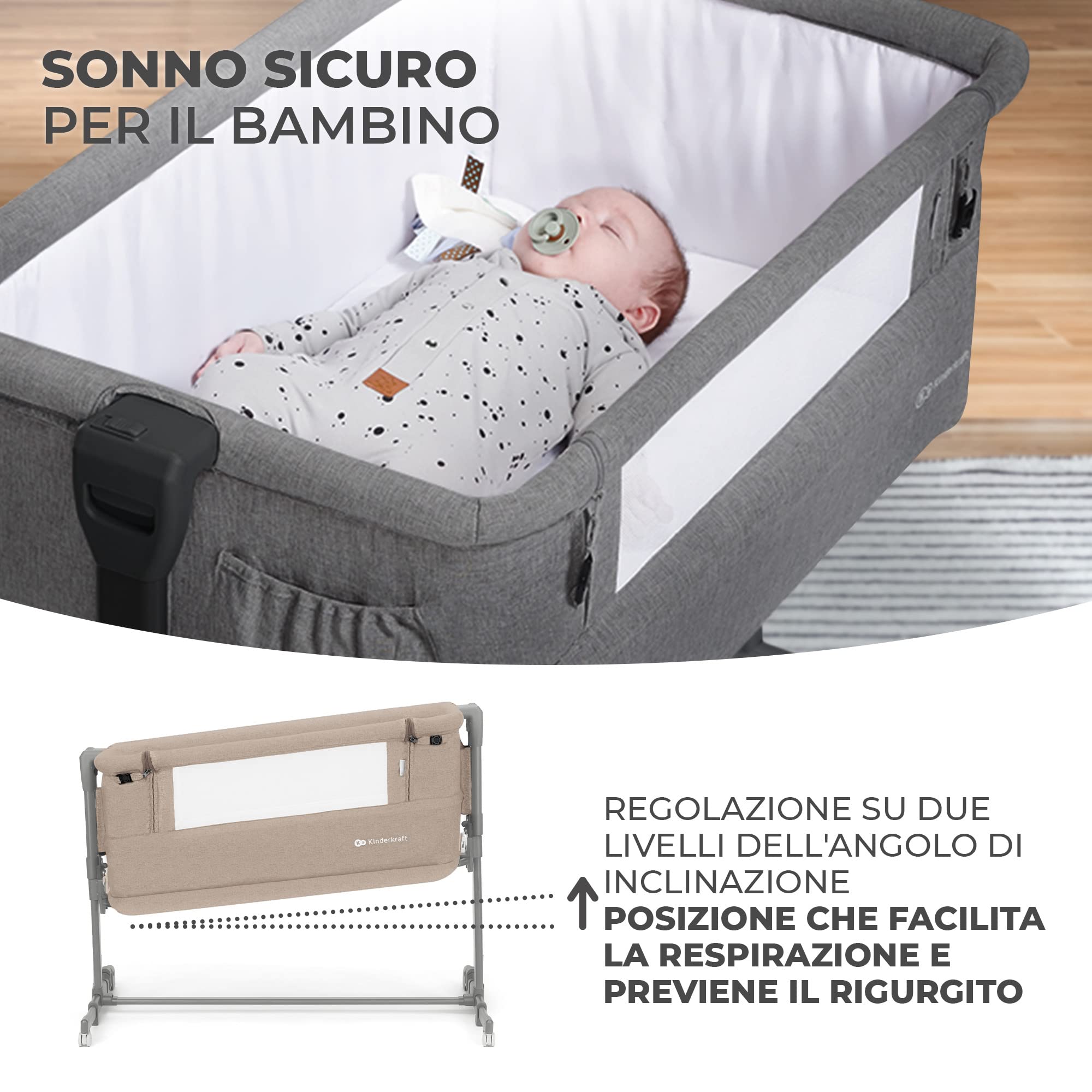 kk Kinderkraft NESTE GROW Lettino neonato 3 in 1, Culla co-sleeping, con Materasso Borsa transporto, Altezza regolabile su 5 livelli, dalla nascita fino 2 anni, Beige