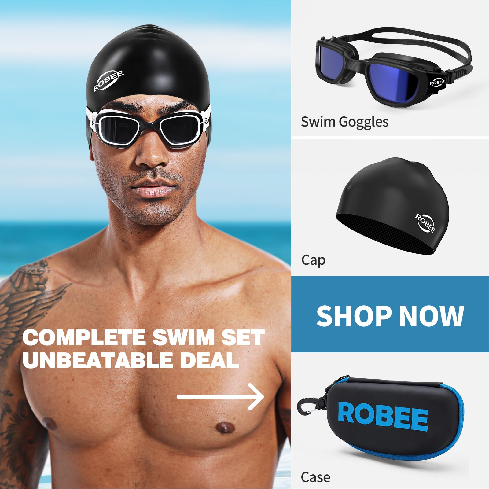 Robee Schwimmbrille, Schwimmkappe und Brillenetui, polarisierte Schwimmbrille, Silikonkappe für Erwachsene, Herren, Damen