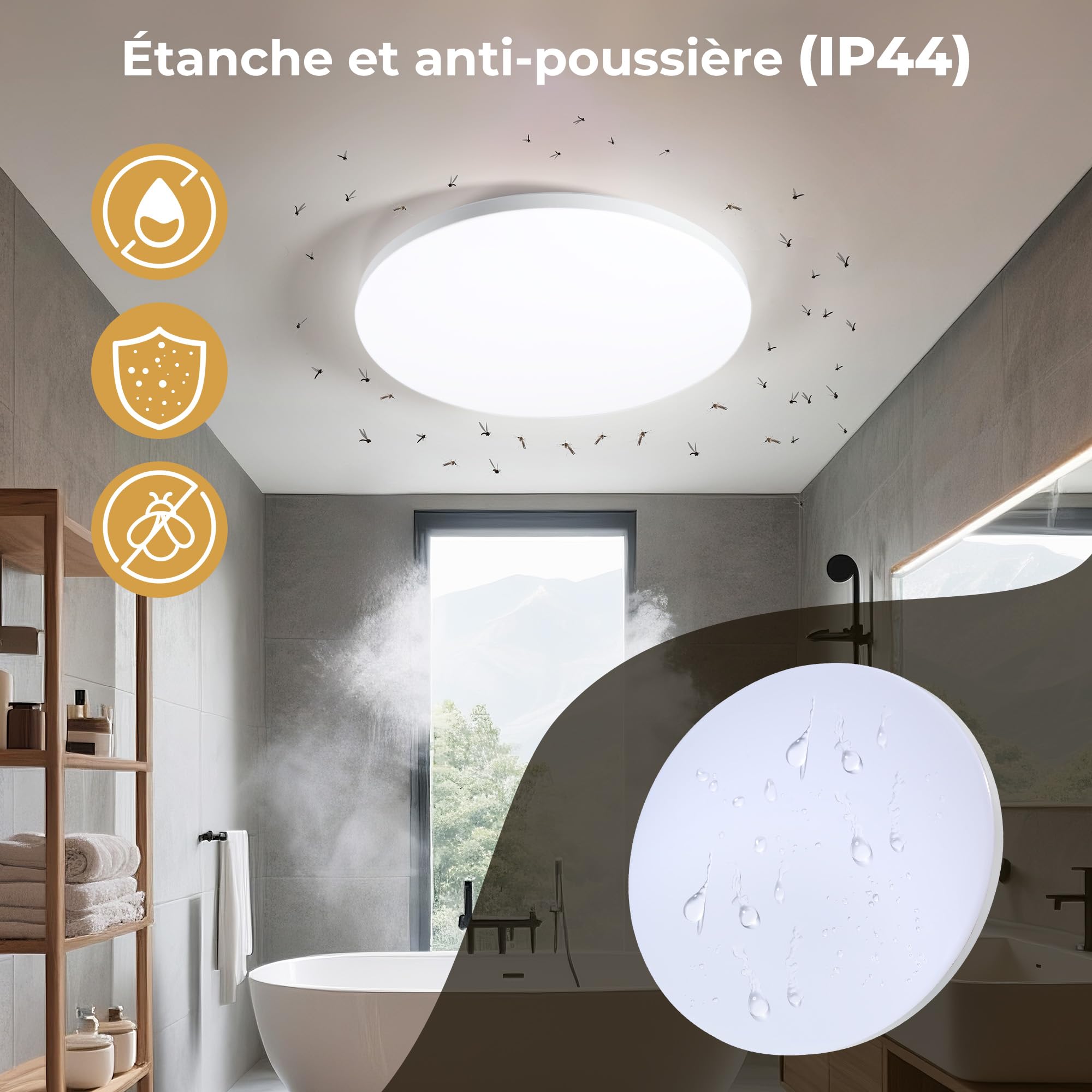 Plafonnier LED 32W Ø30cm IP44, Lumière Plafond Sans Scintillement 6000K, 1400LM Haute Efficacité Énergétique pour Salle de Bain, Cuisine, Salon - Design Ultra-Mince Moderne (Neutre)
