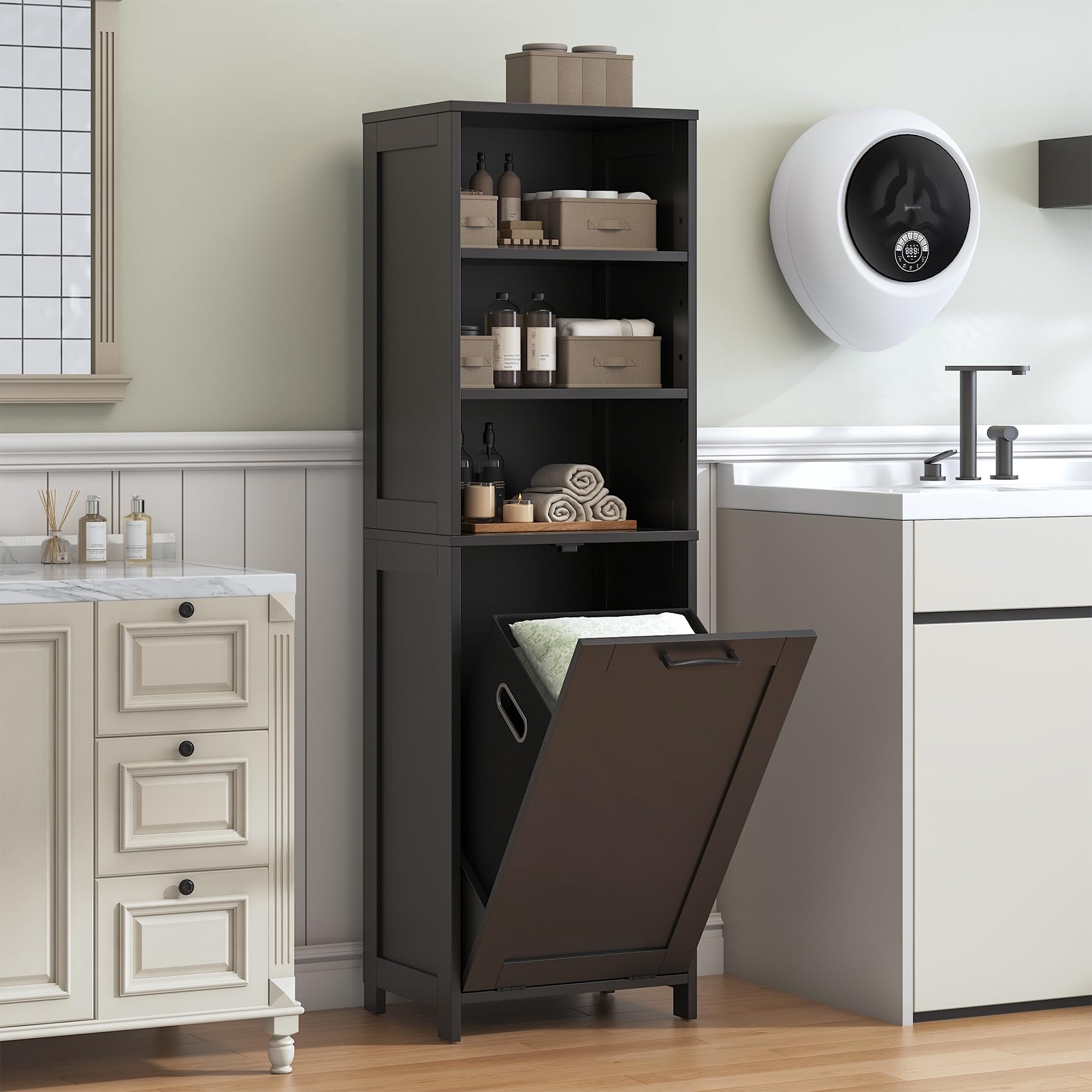 Feonase Compact Bathroom Cabinet with Detachable Laundry Hamper, Narrow Freestanding Storage Unit with 3 Open Shelves for Bathroom, Laundry Room, Hallway, Black