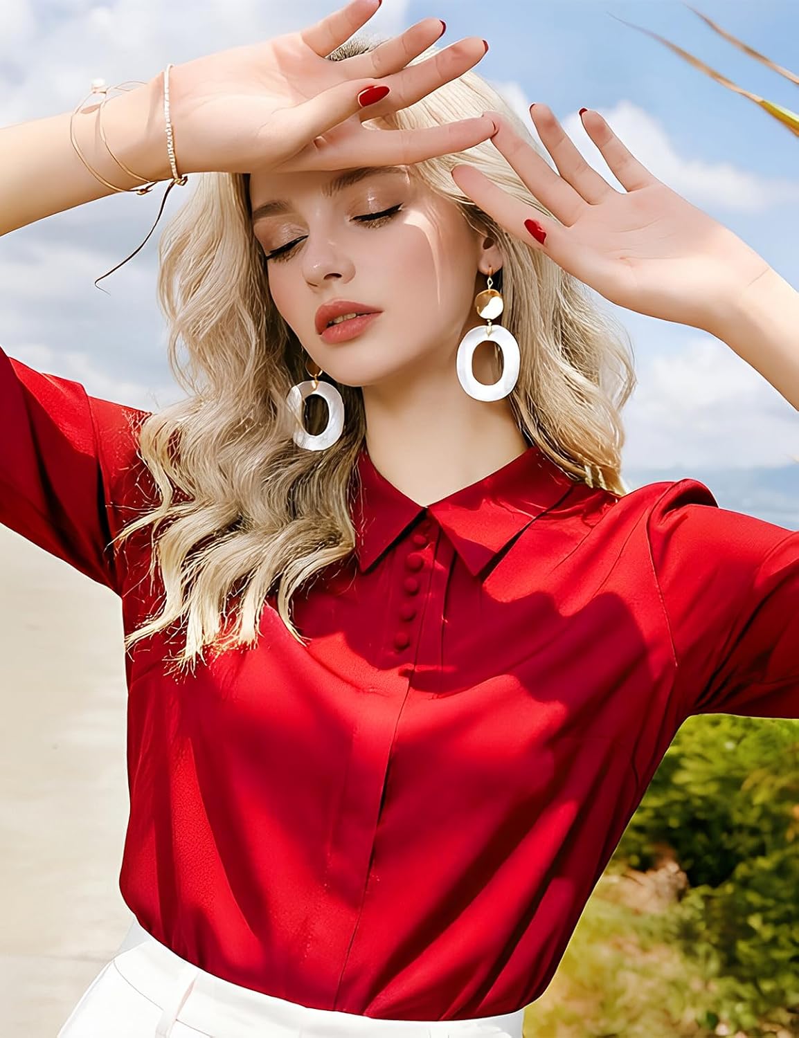 Womens Mulberry Silk Blouse Solid Button Down Long Sleeve Shirt Elegant Lapel Business Work Tops