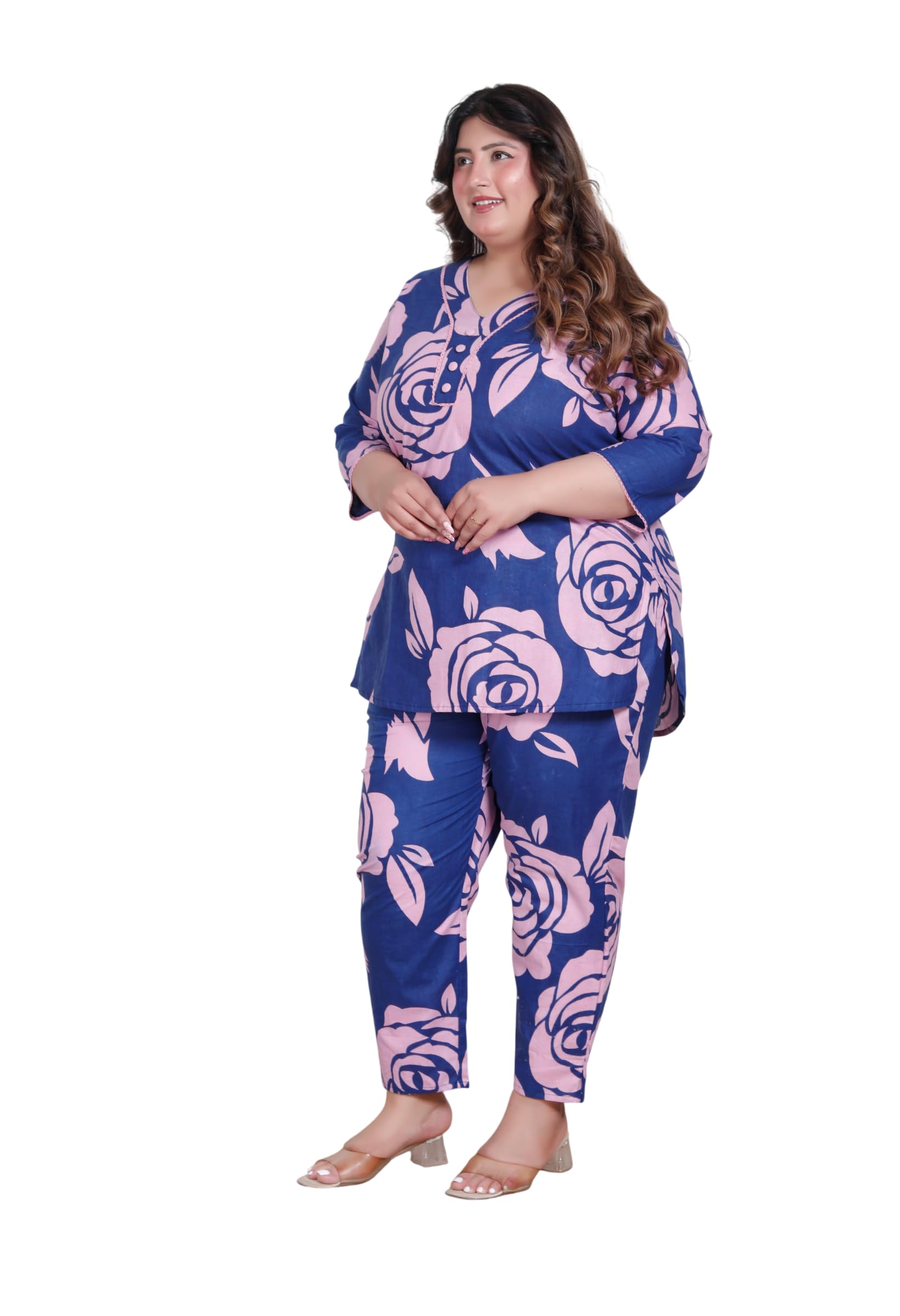 Women's Plus Size Floral Cotton Pyjama Set,3/4 Sleeve V-Neck Tunic Top with Trouser in Extra Plus Size 3XL, 4XL, 5XL, 6XL Size-picture-29