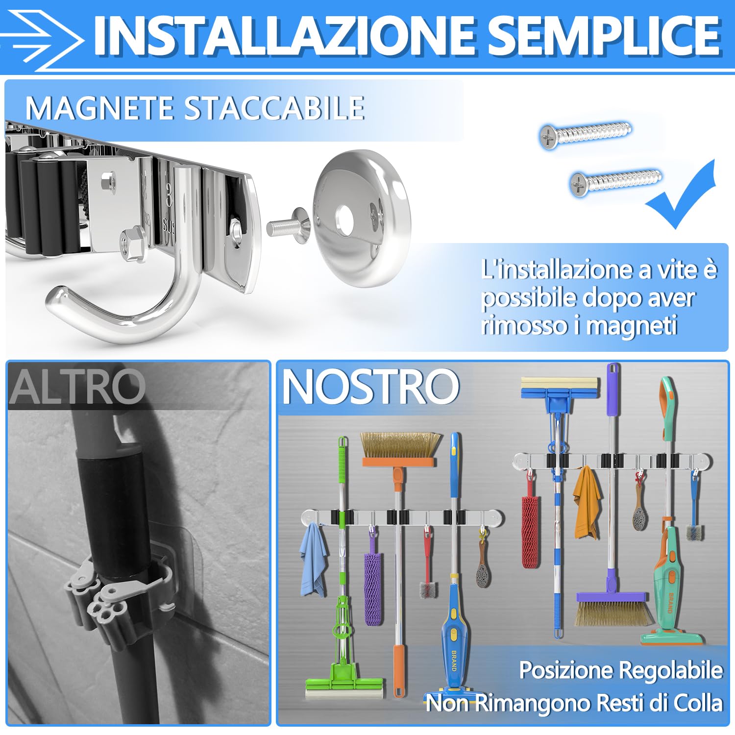 3-H Portascope da Muro Magnetico 36cm, Porta Attrezzi da Parete SUS304 Acciaio Inox 20KG Carico Porta Scope Parete senza Foratura per Ristorante, Cucina, Bagno, Garage con Viti