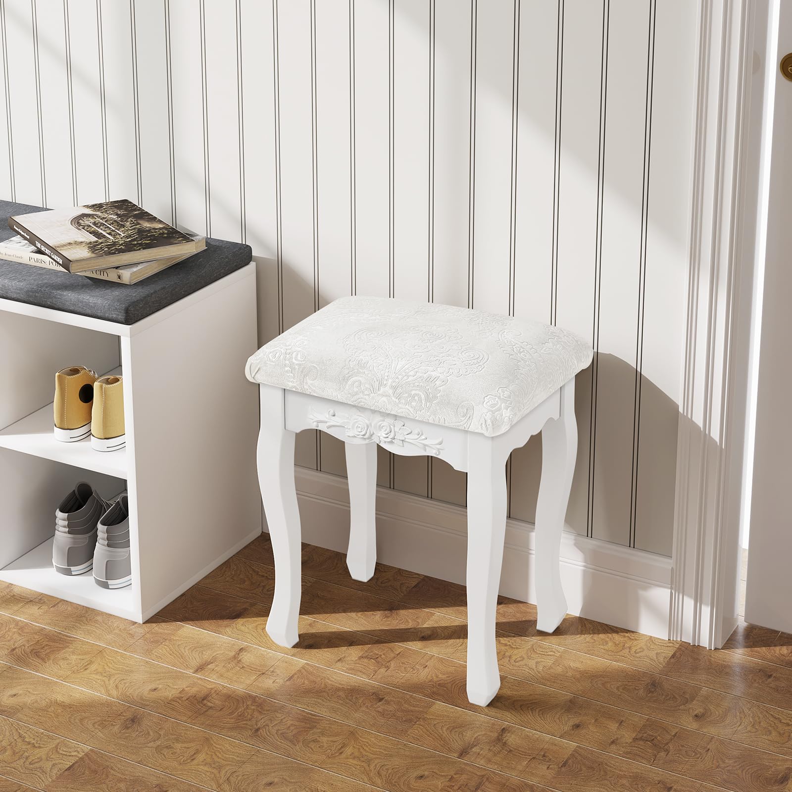WOLTU Taburete de Maquillaje Rústico Tapizado Madera MDF Lacado Blanco Crema