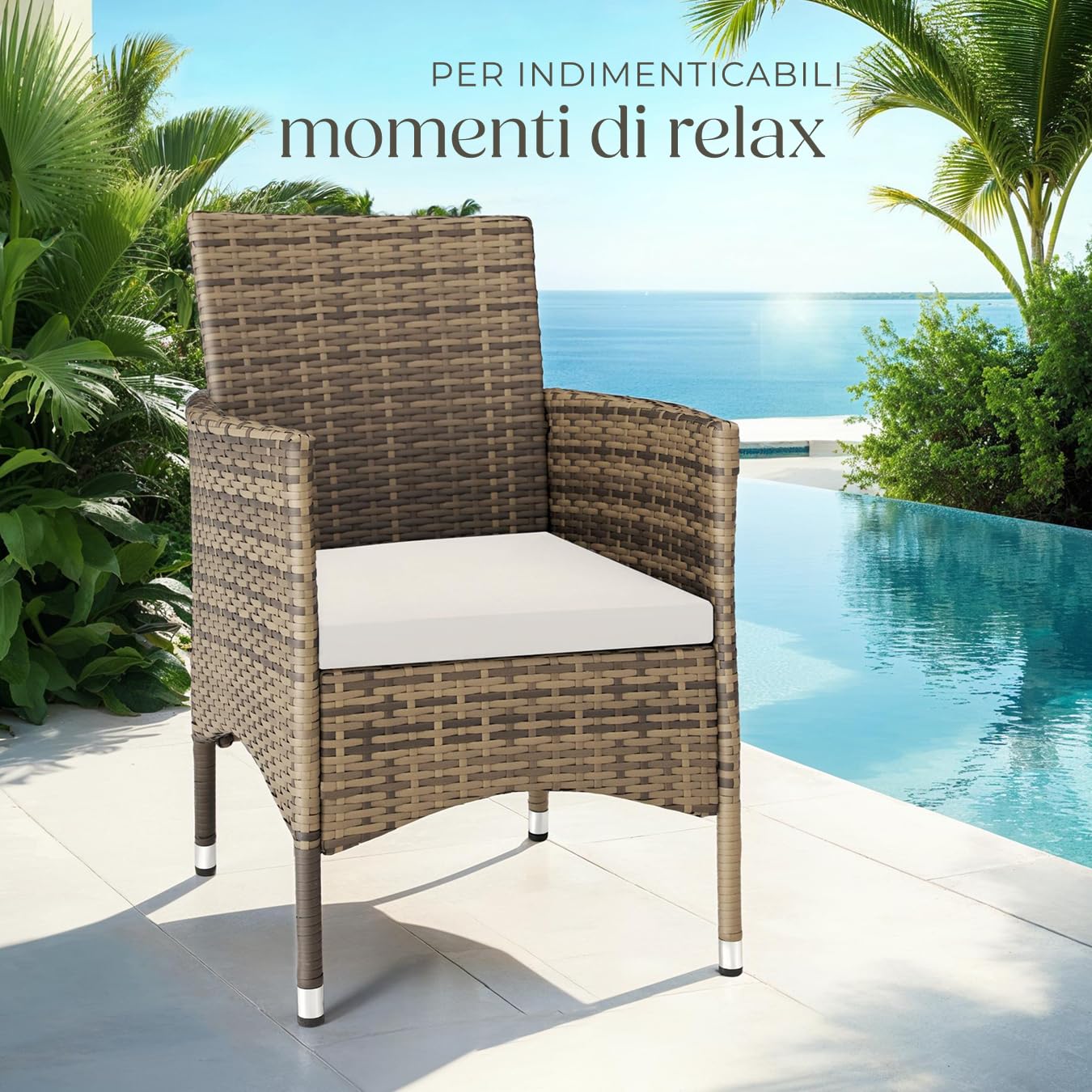tectake® Set di 2 Sedie da Giardino in Poly Rattan di Alta Qualità, 4 Rivestimenti di Ricambio, Design Moderno con Morbidi Rivestimenti Beige e Grigio, Imbottiture Rimovibili - Naturale/Grigio Scuro
