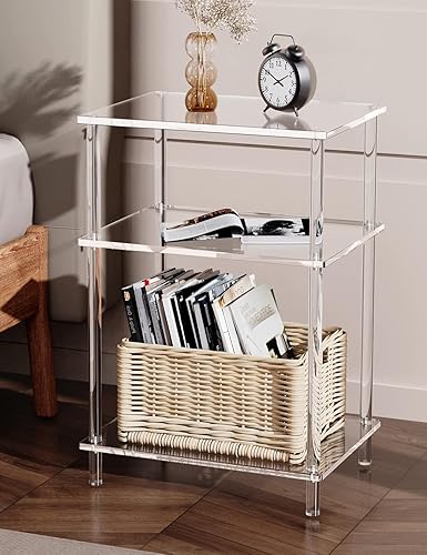 Acrylic Side Table Clear 3-Tier End Table for Living Room, Office, Hallway, Bedroom Small Bedside Table