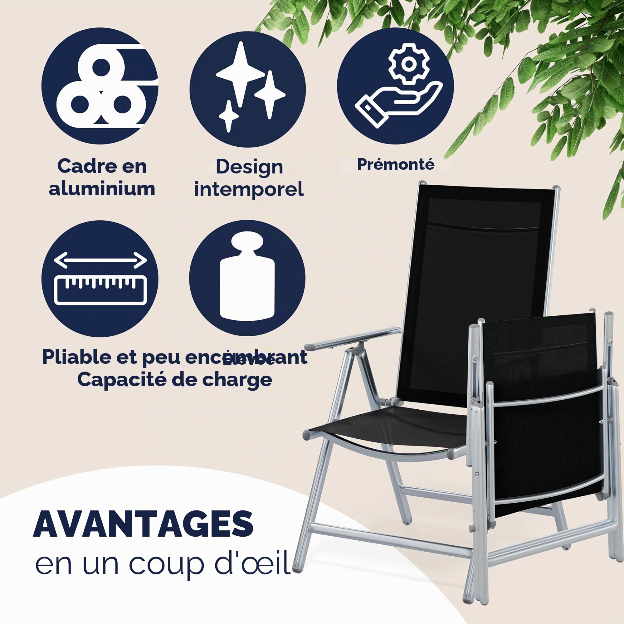 Casaria 4X Chaises de Jardin à Dossier Haut Argent Aluminium Pliable résistante intempéries Dossier réglable 8 Positions accoudoirs 120kg