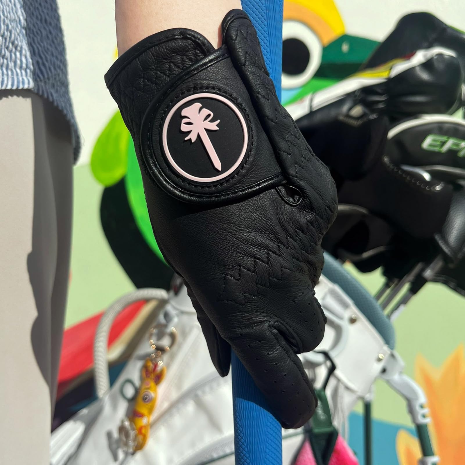 Pinktee Damen-Golfhandschuh, Premium-Cabretta-Leder, linke Hand, Allwetter-Griff, elastisches Armband