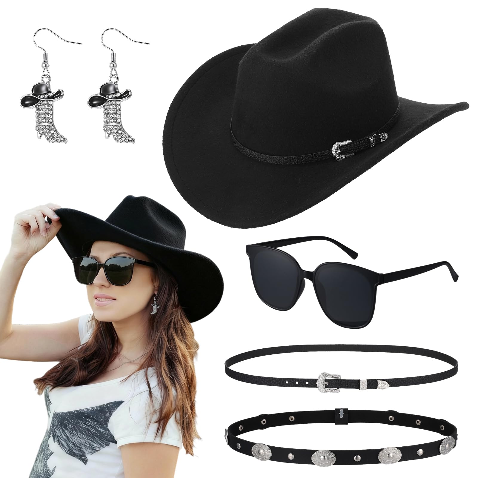 Partideal Black Cowboy Hat Set,Adjustable Soft Felt Cowgirl Hat with 1 Extra Hatband 1 Earrings 1 Glasses for Outdoor Party Hat Photo Prop