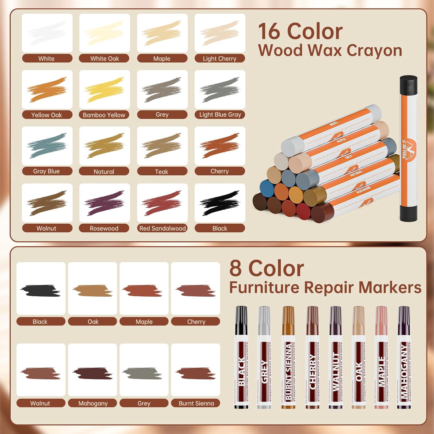 A-HEYIDA Wood Filler Putty Sticks -16 Colors Wax Crayons & 8 Furniture Marker Touch-Up Pens for Wood Floors & Cabinet Scratches, Cracks and Nail Holes - Laminate Floor Repair Kit