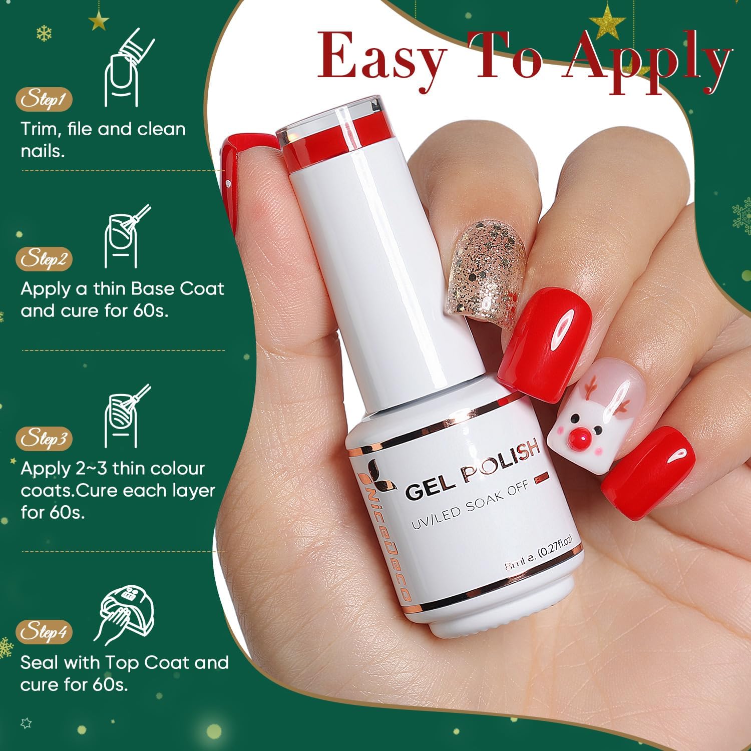 Nicedeco Hema Free Cruelty Free Vegan Christmas Gel Nail Polish 6 Colors, Sparkle Red Blue Glitter Silver White Gel Polish Kits for Nail Art Design
