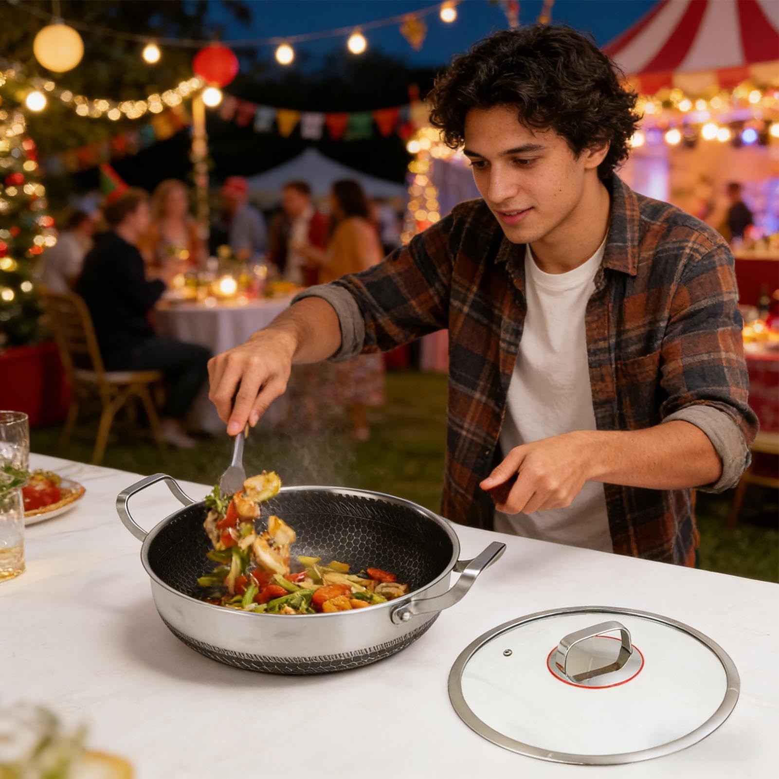 Sauteuse | Ustensiles de cuisine antiadhésifs à double poignée en acier inoxydable avec couvercle, grande poêle de cuisson | pour la maison, le restaurant, le camping, la cuisson au four, les omelette