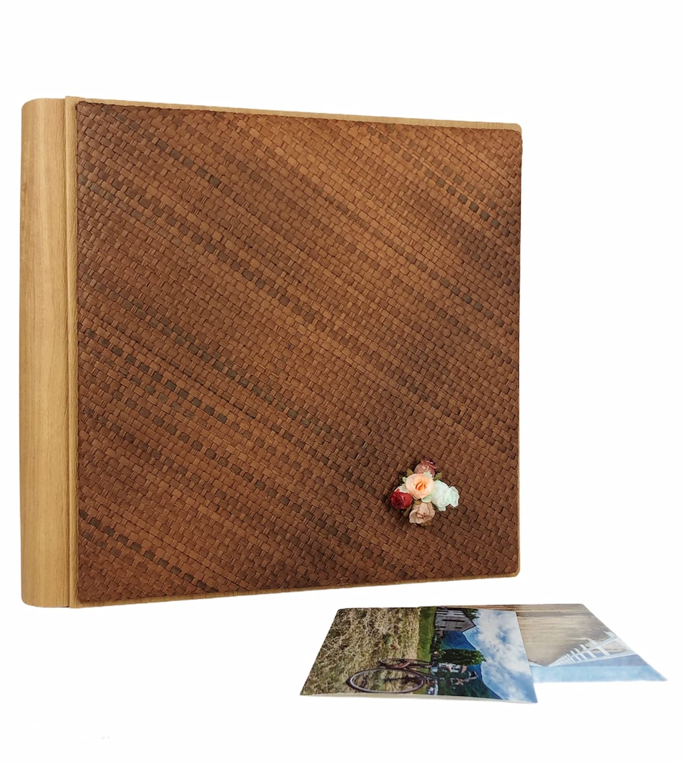TriVin Art Álbum de fotos artesanal fabricado en Italia en imitación de piel fina y panel de canasta varios colores. (30 x 30 cm, 40 hojas de marfil) apto para cualquier evento (miel, canasta marrón