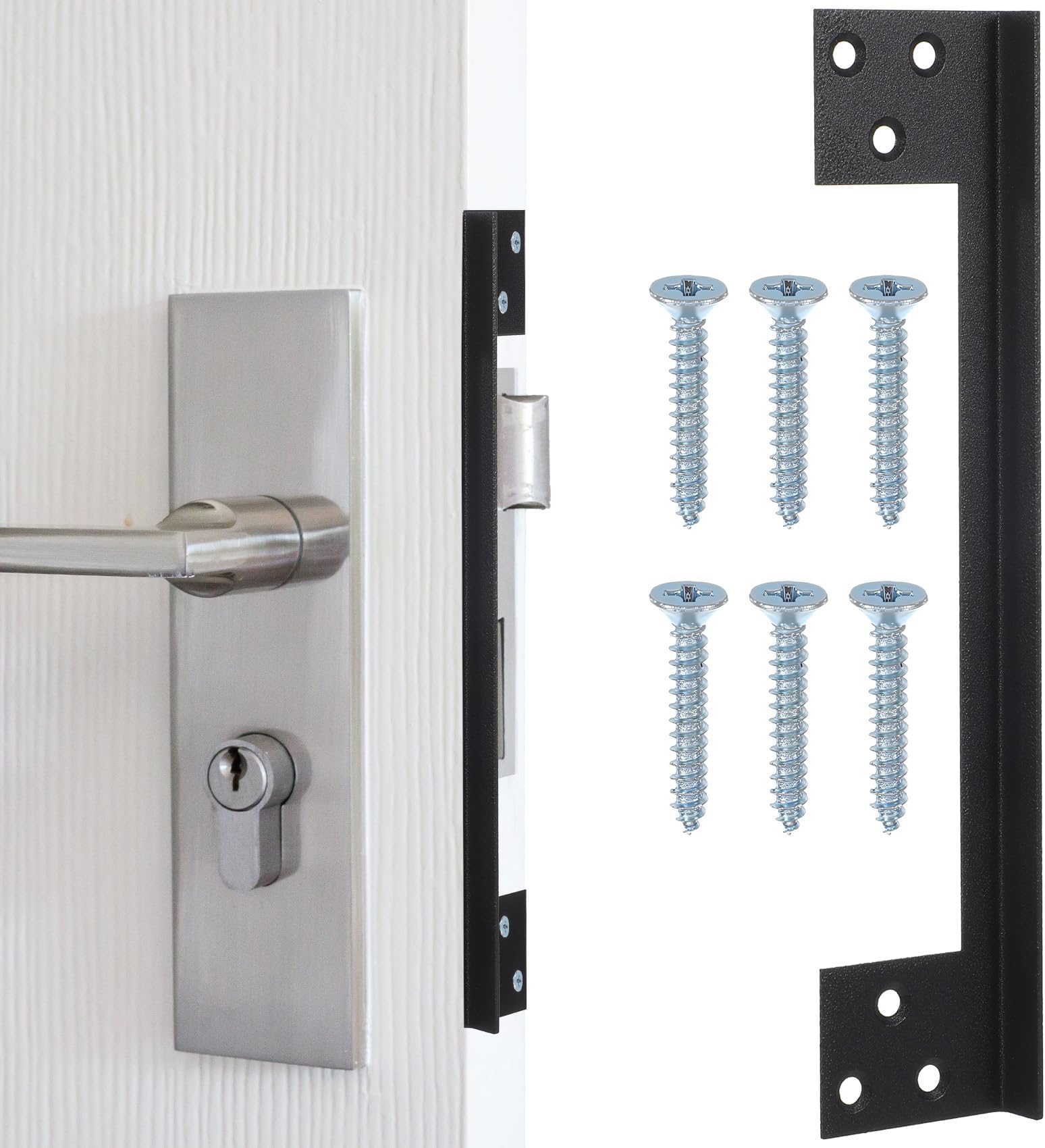 Door Latch Guard, Outswing Door Security Protector, Stainless Steel Door Latch Guard Plate (7 in, 1-Pack Black)